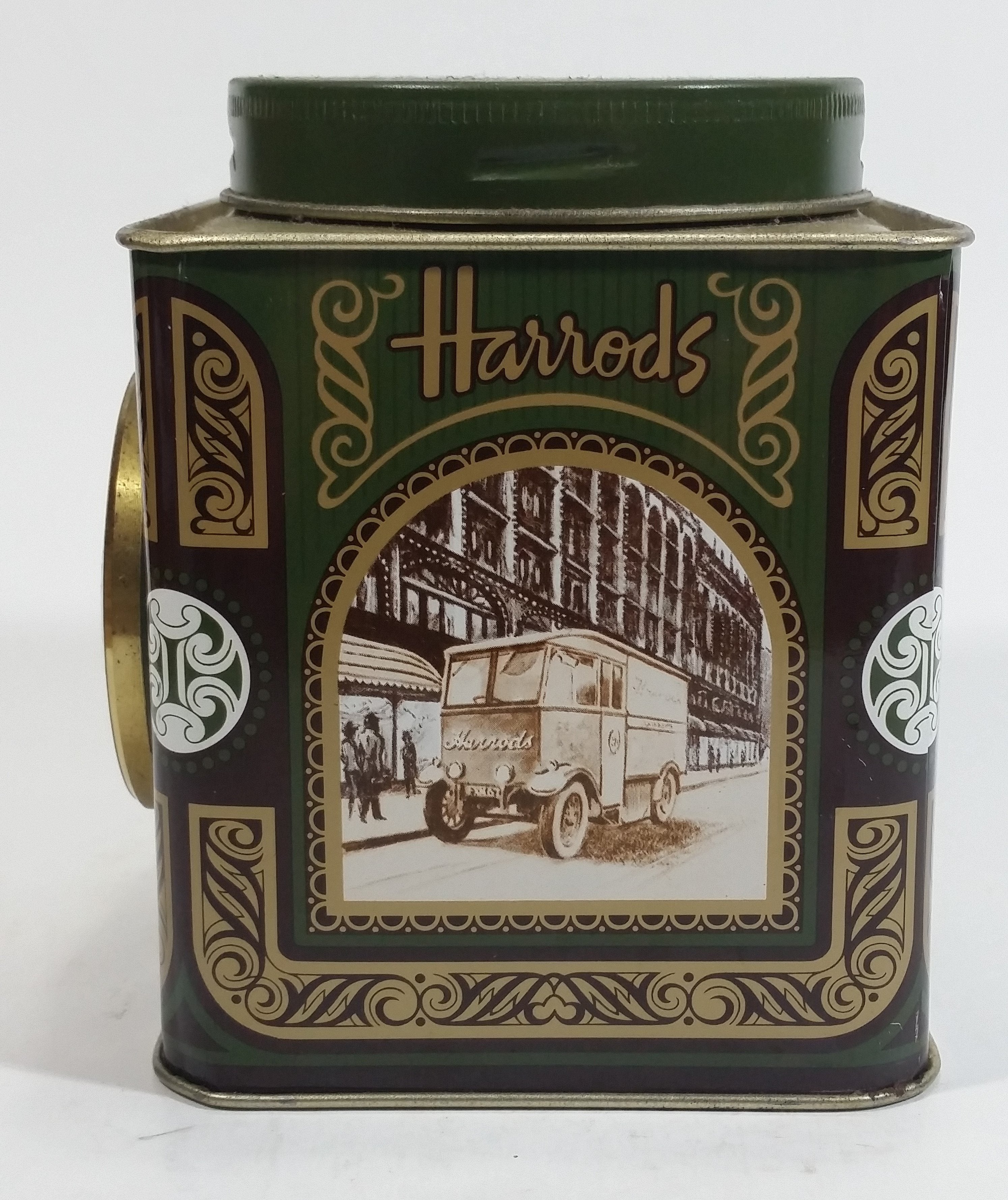 Vintage Hard to Find Harrods Green and Golden Clock in Tin Metal Container Made in Knightsbridge, London, England 6