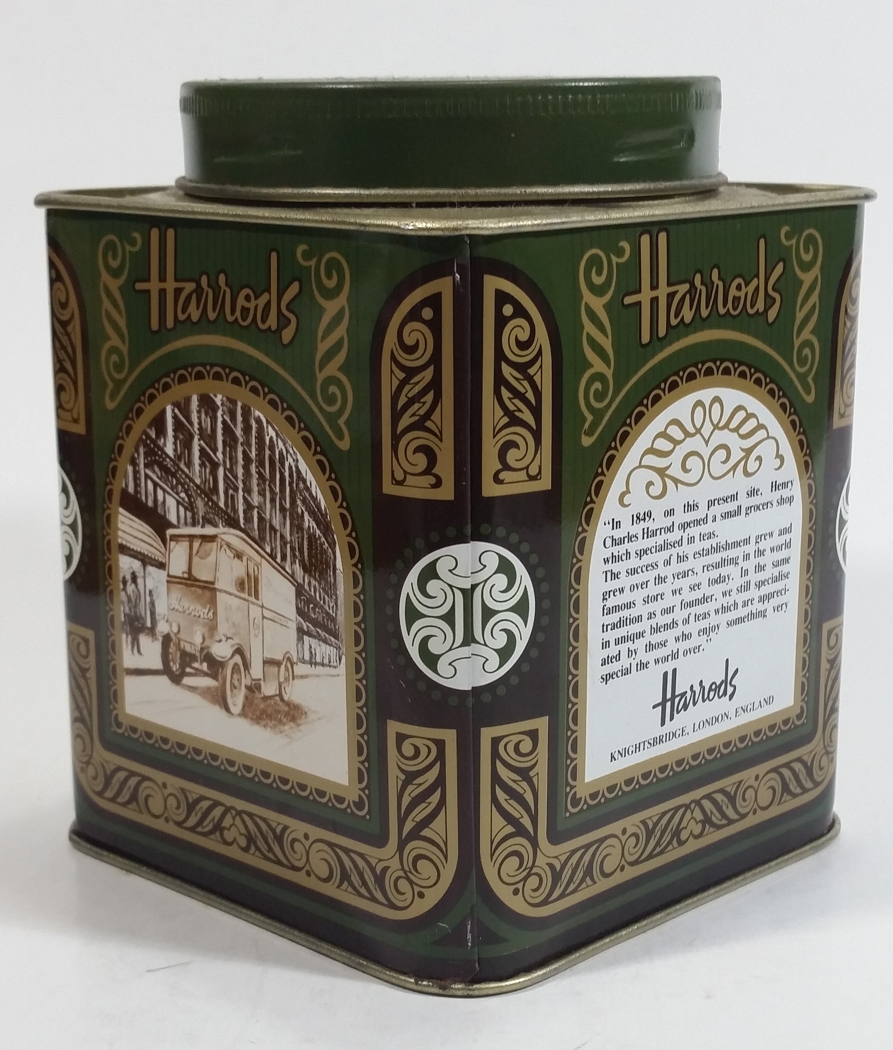 Vintage Hard to Find Harrods Green and Golden Clock in Tin Metal Container Made in Knightsbridge, London, England 7