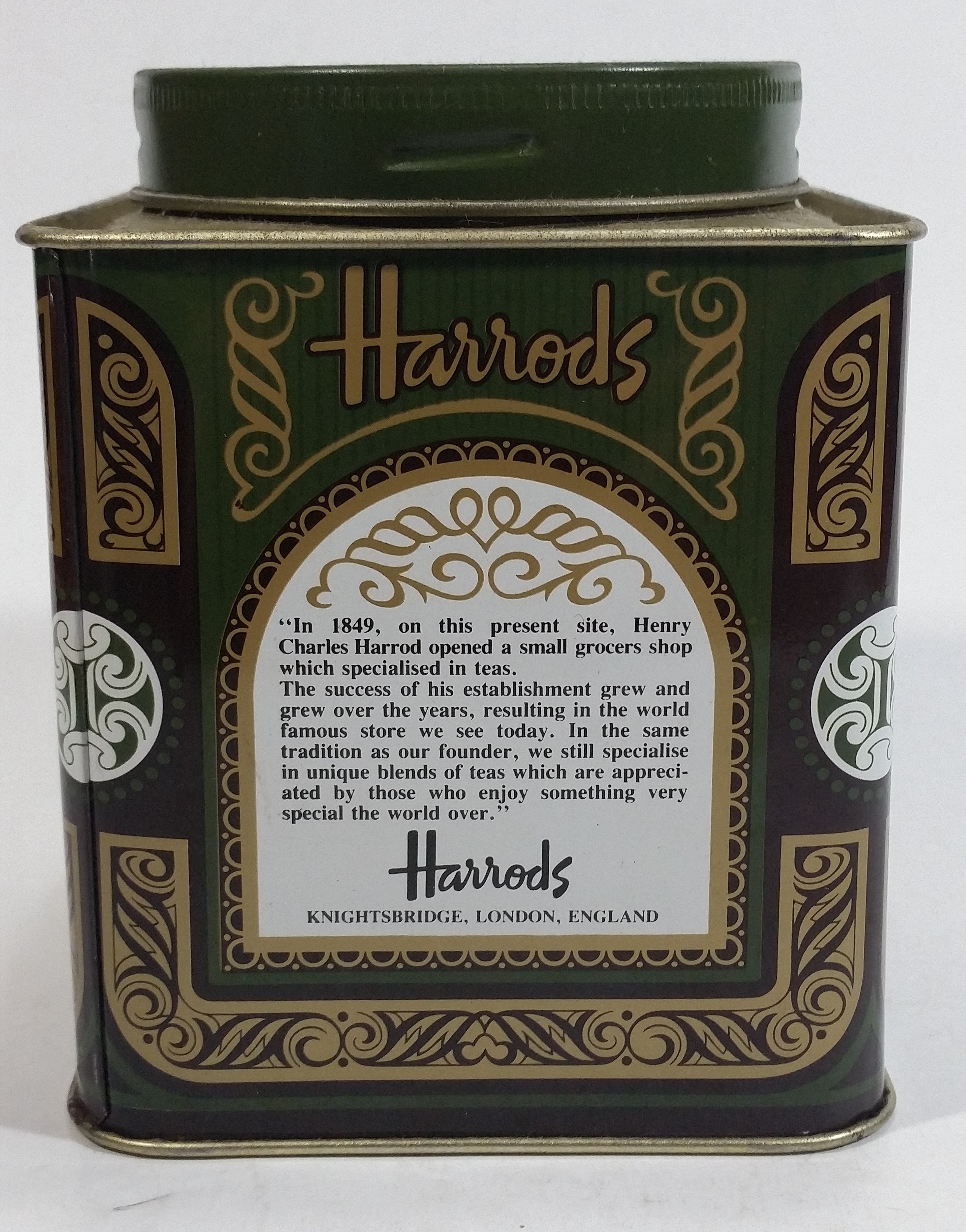 Vintage Hard to Find Harrods Green and Golden Clock in Tin Metal Container Made in Knightsbridge, London, England 8