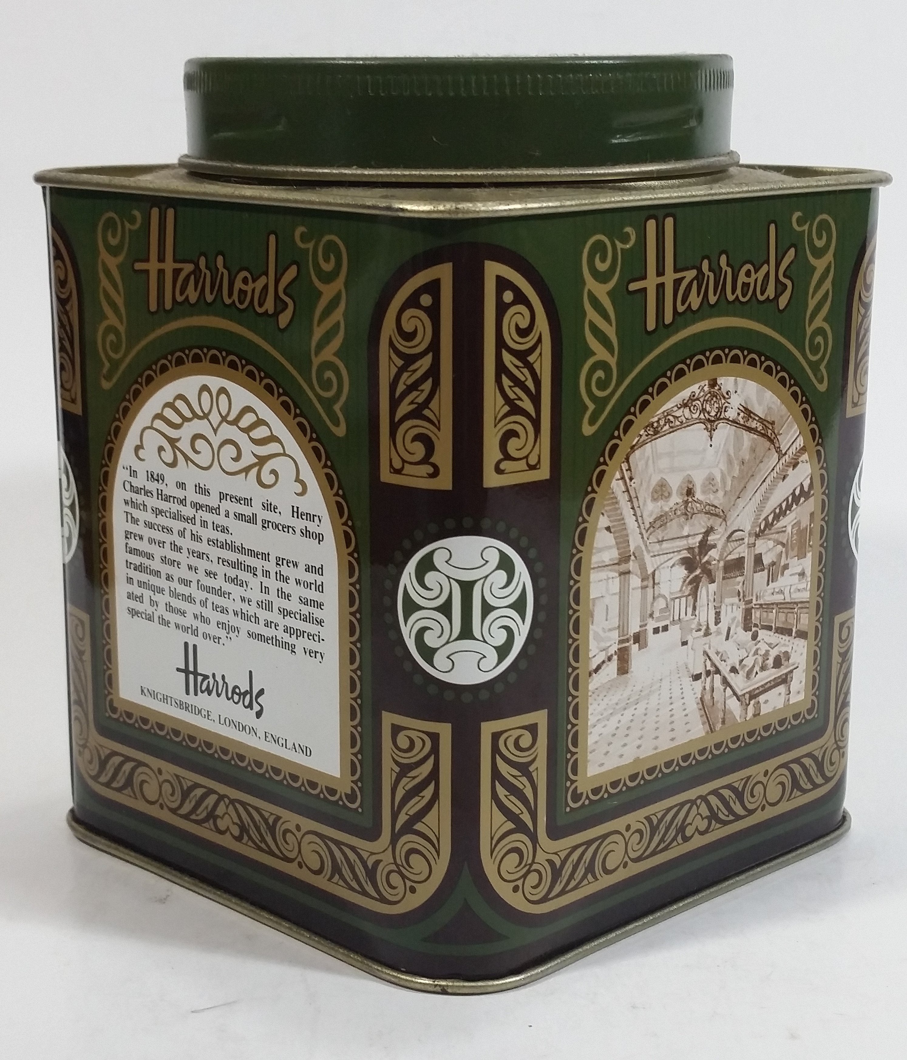 Vintage Hard to Find Harrods Green and Golden Clock in Tin Metal Container Made in Knightsbridge, London, England 9