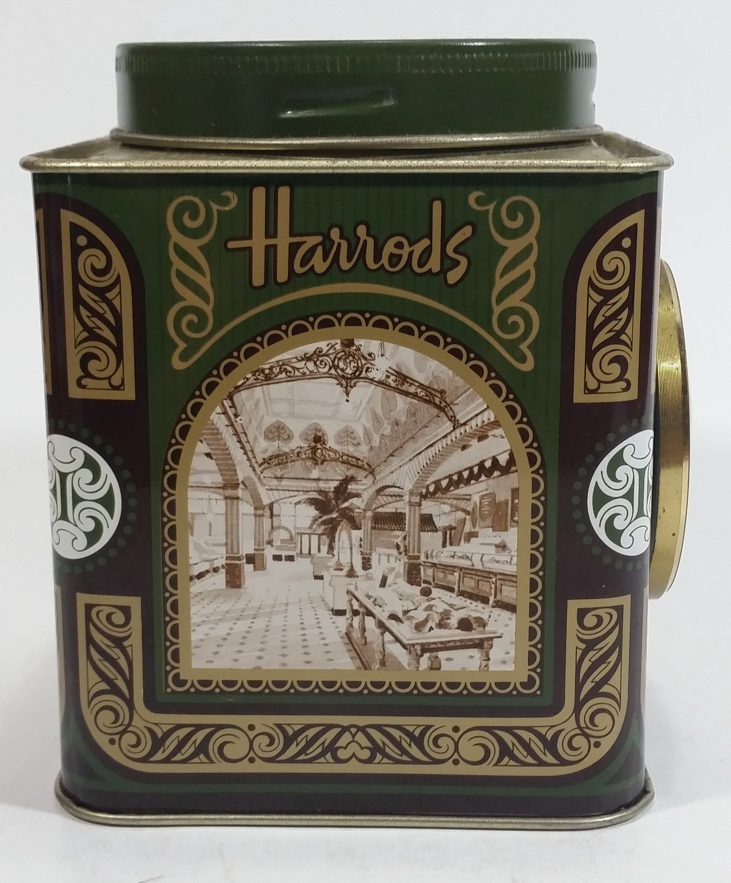 Vintage Hard to Find Harrods Green and Golden Clock in Tin Metal Container Made in Knightsbridge, London, England 10