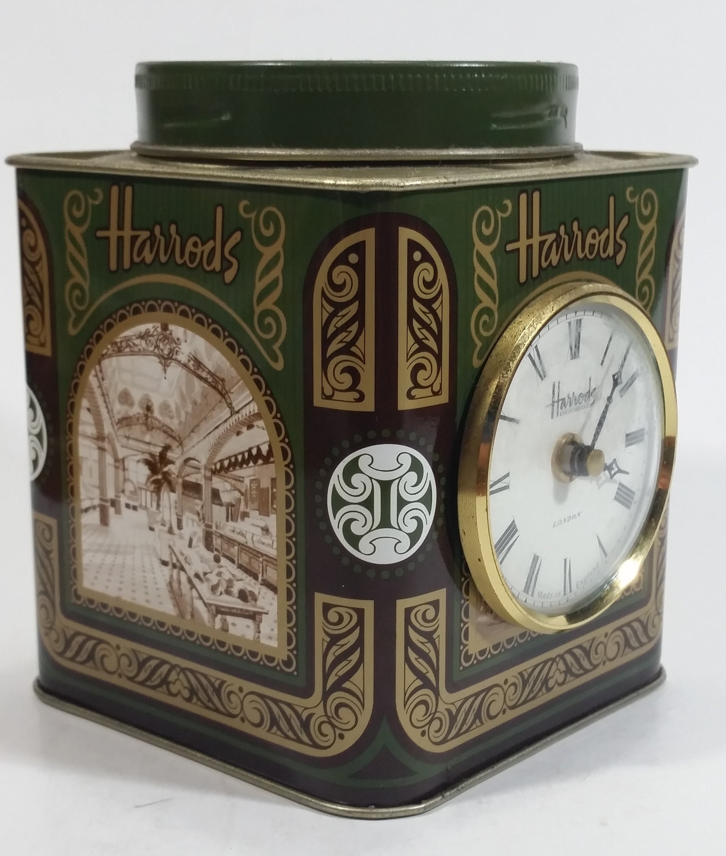 Vintage Hard to Find Harrods Green and Golden Clock in Tin Metal Container Made in Knightsbridge, London, England 11