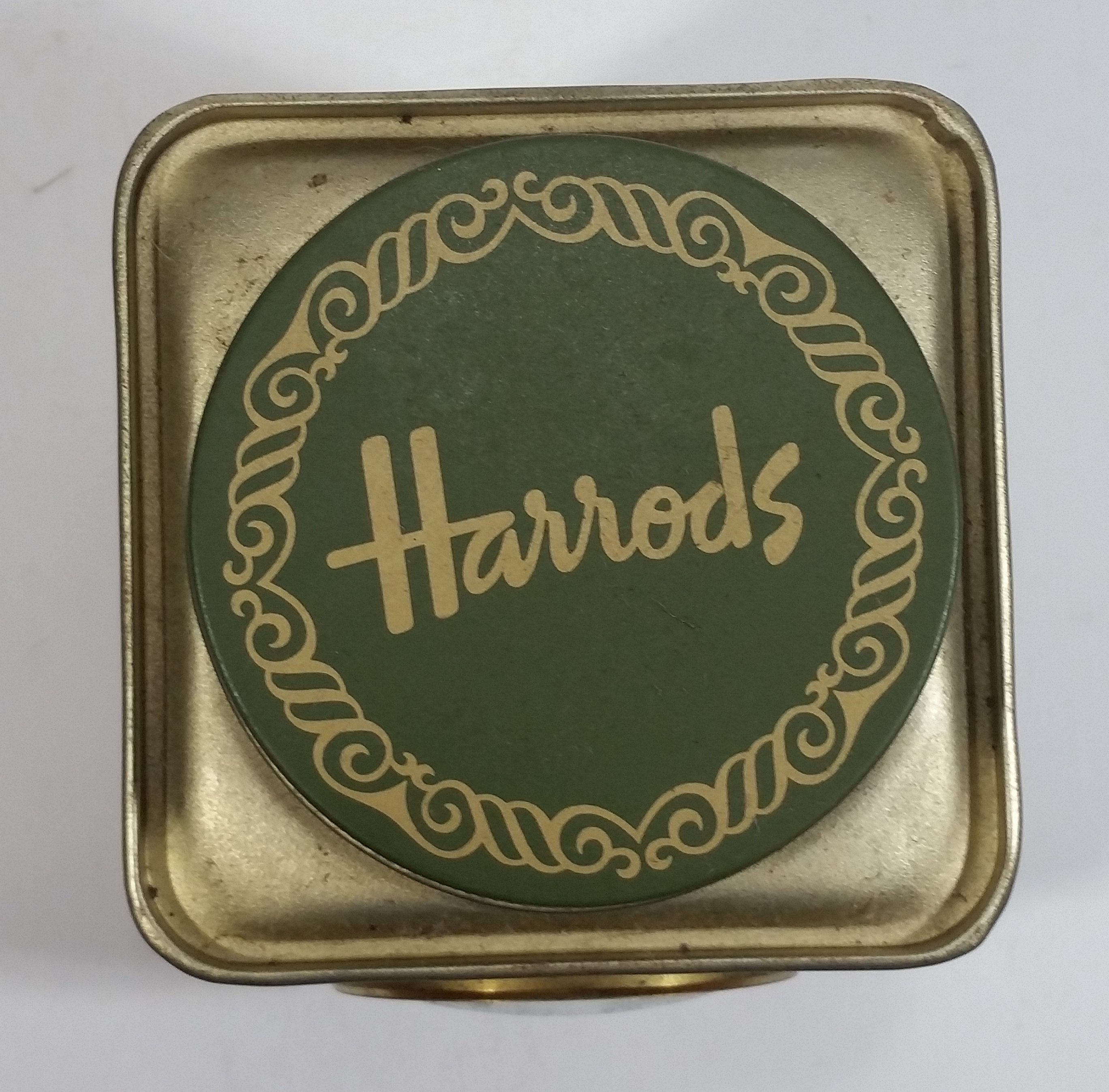 Vintage Hard to Find Harrods Green and Golden Clock in Tin Metal Container Made in Knightsbridge, London, England 12