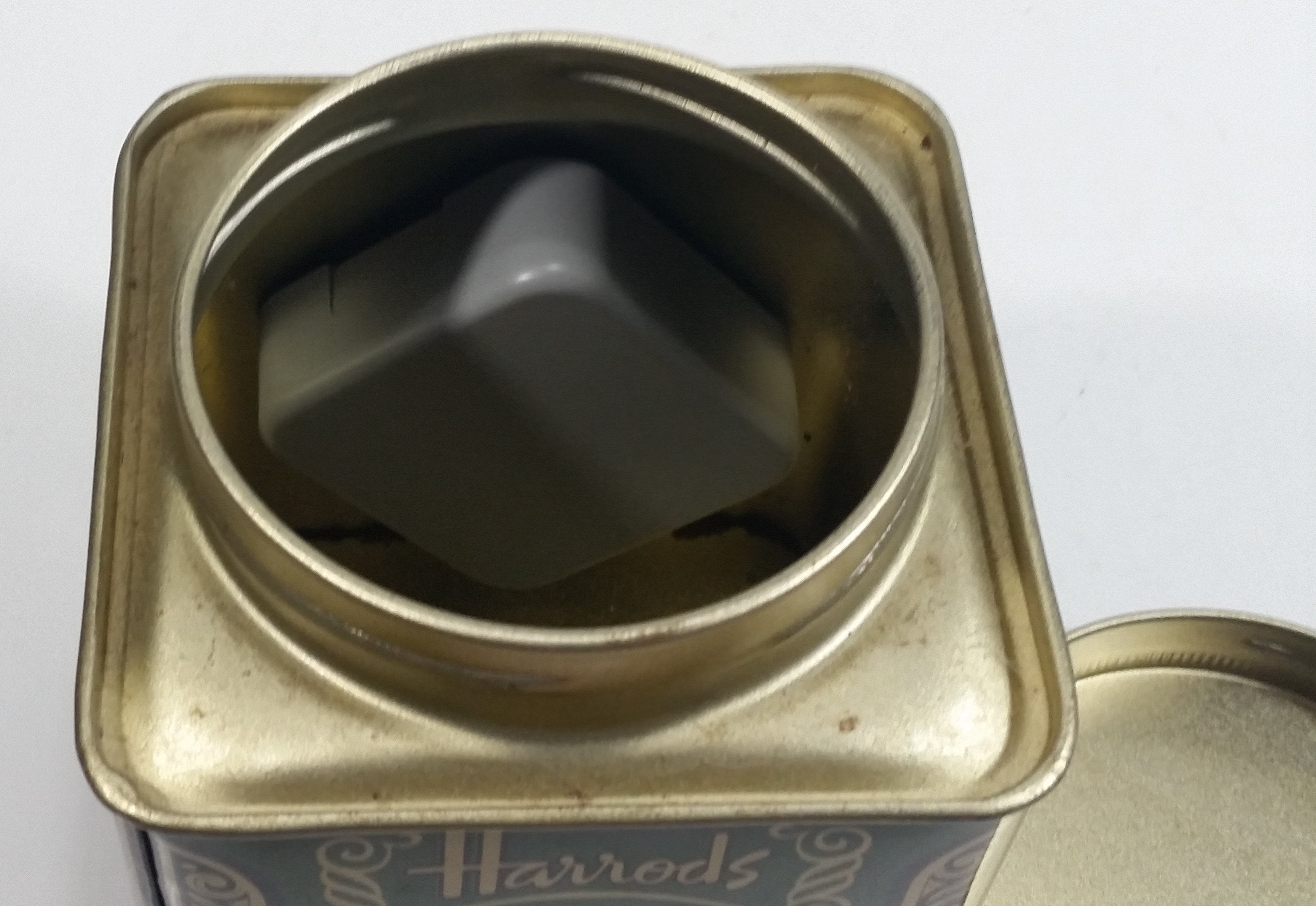 Vintage Hard to Find Harrods Green and Golden Clock in Tin Metal Container Made in Knightsbridge, London, England 14