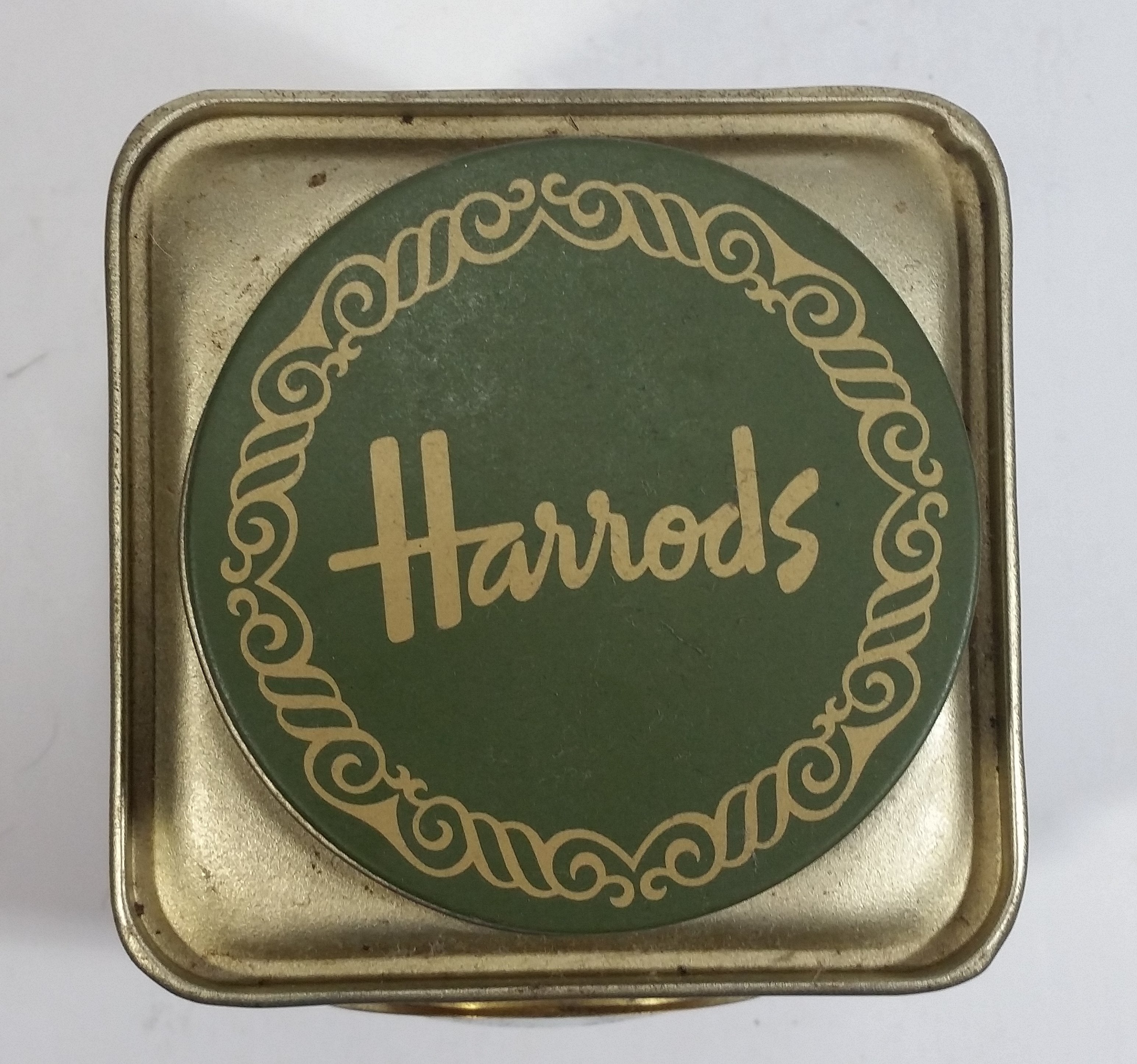 Vintage Hard to Find Harrods Green and Golden Clock in Tin Metal Container Made in Knightsbridge, London, England 15