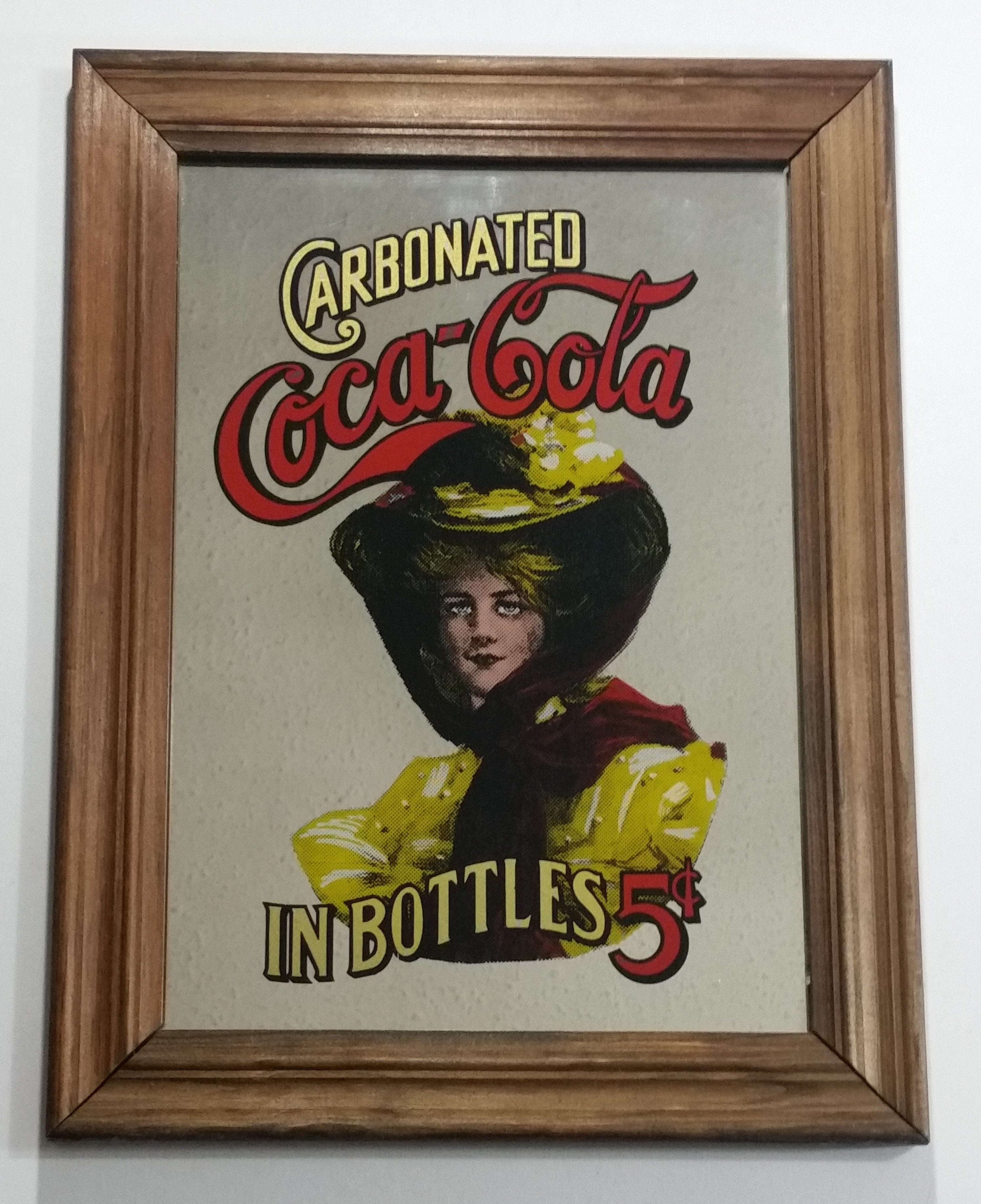 Vintage Coca-Cola Coke Soda Pop Beverage Lady In Yellow Carbonated In Bottles 5 Cents Wooden Framed Pub Mirror Advertisement