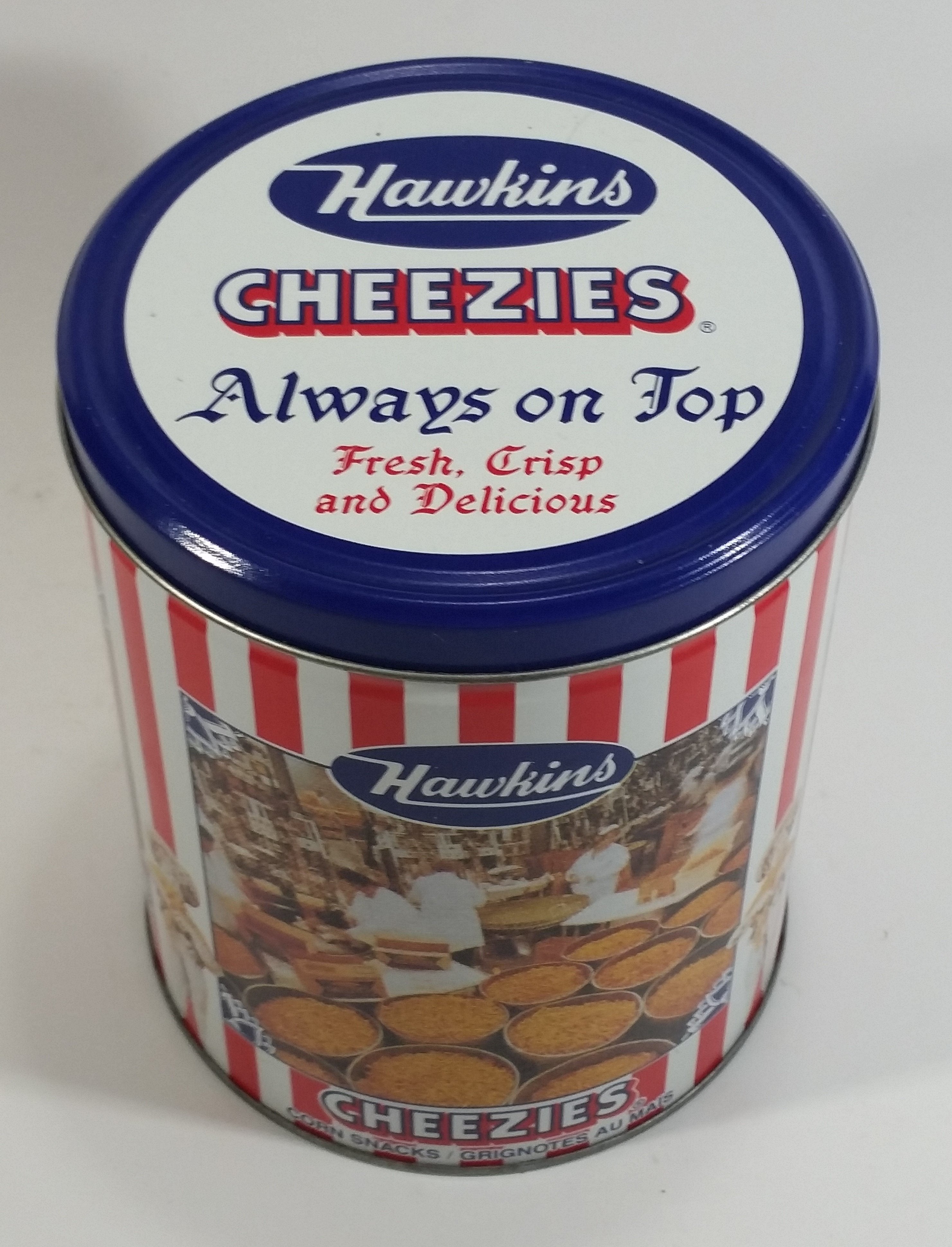 HTF Hawkins Cheezies Corn Snacks "Always on Top" Fresh, Crisp, and Delicious Limited Edition Tin Metal Canister 2