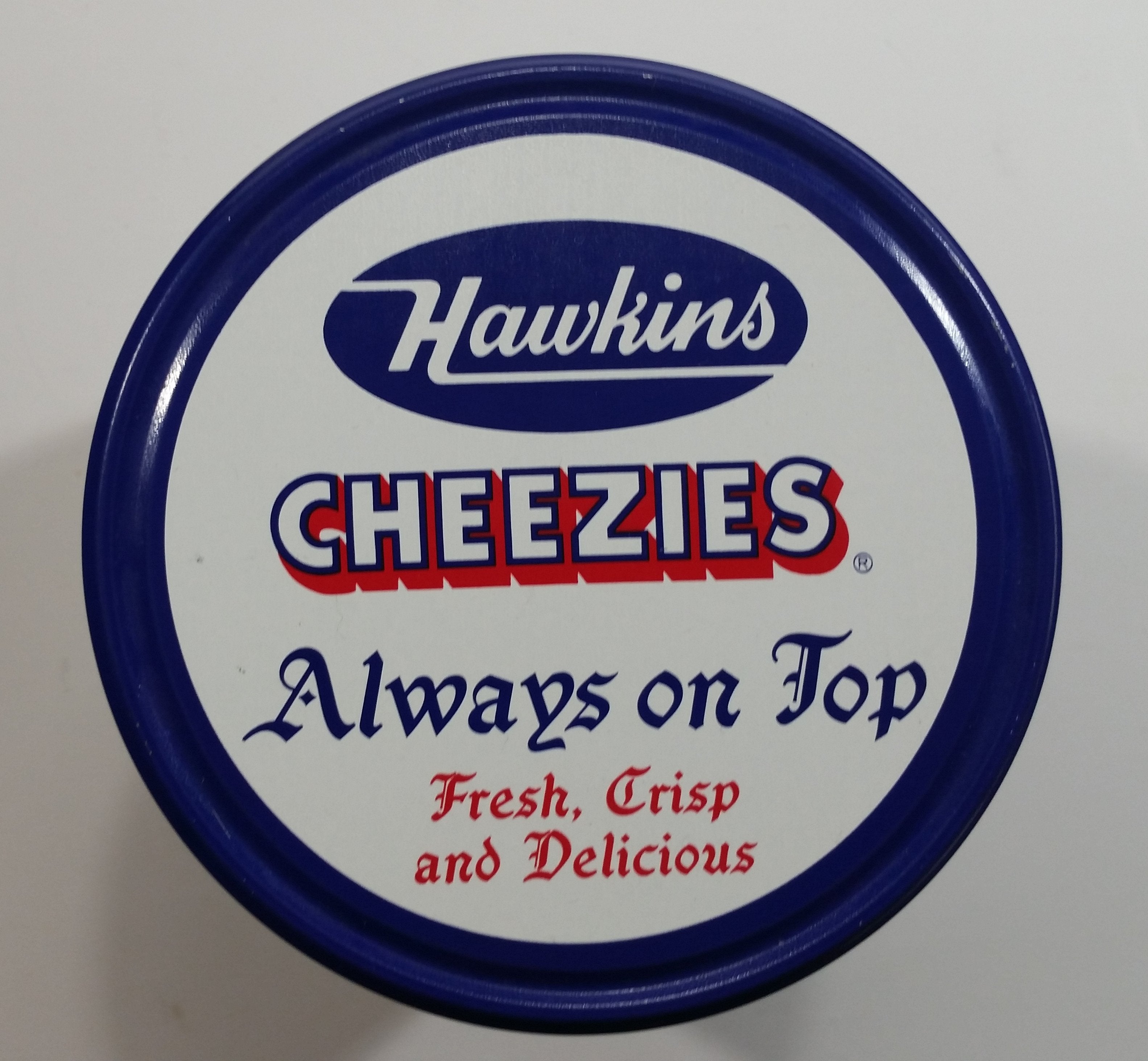 HTF Hawkins Cheezies Corn Snacks "Always on Top" Fresh, Crisp, and Delicious Limited Edition Tin Metal Canister 9
