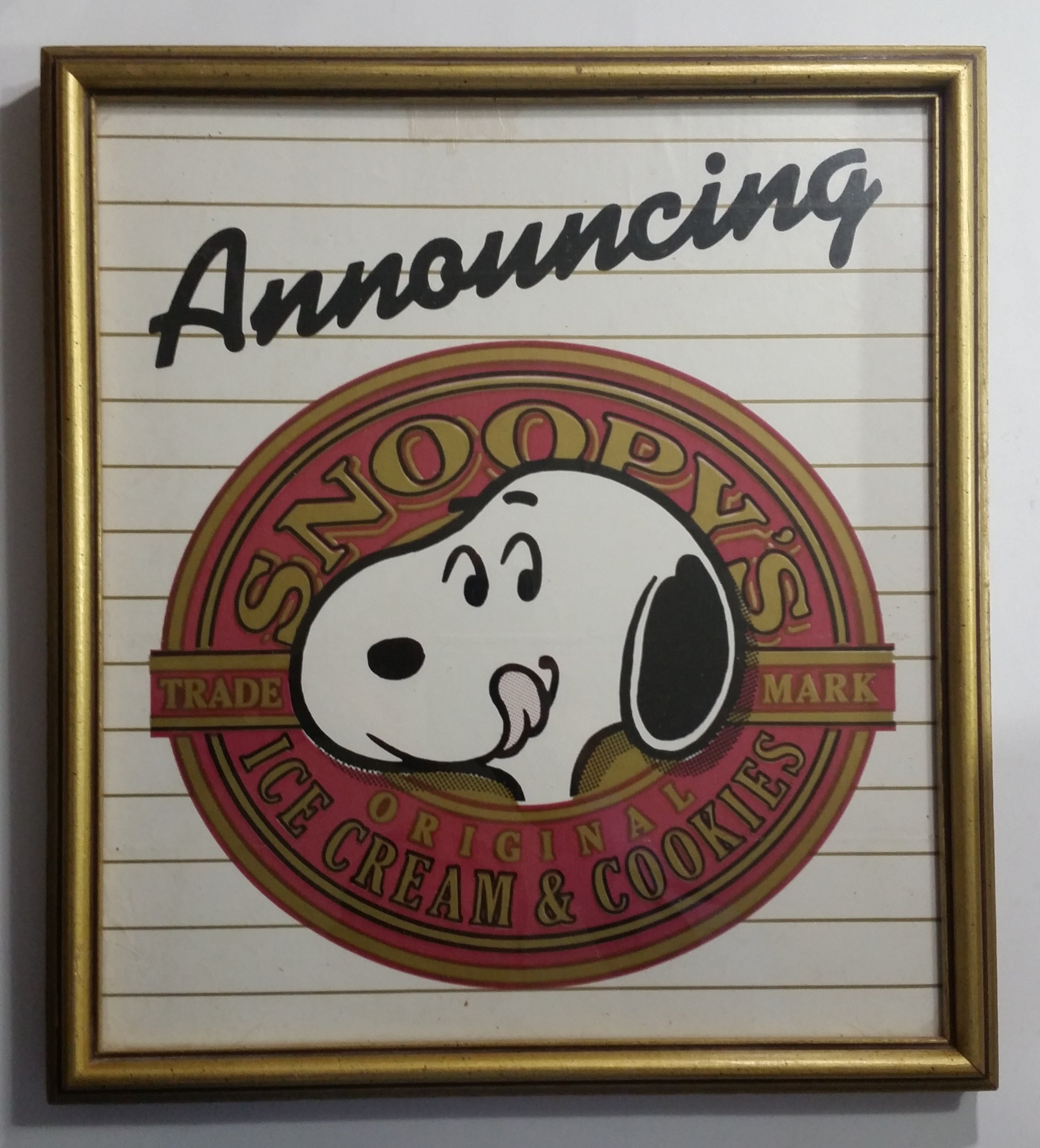 Extremely Rare c. 1984 Announcing Snoopy's Original Ice Cream & Cookies Framed Store Advertisement 14 1/4" x 16"