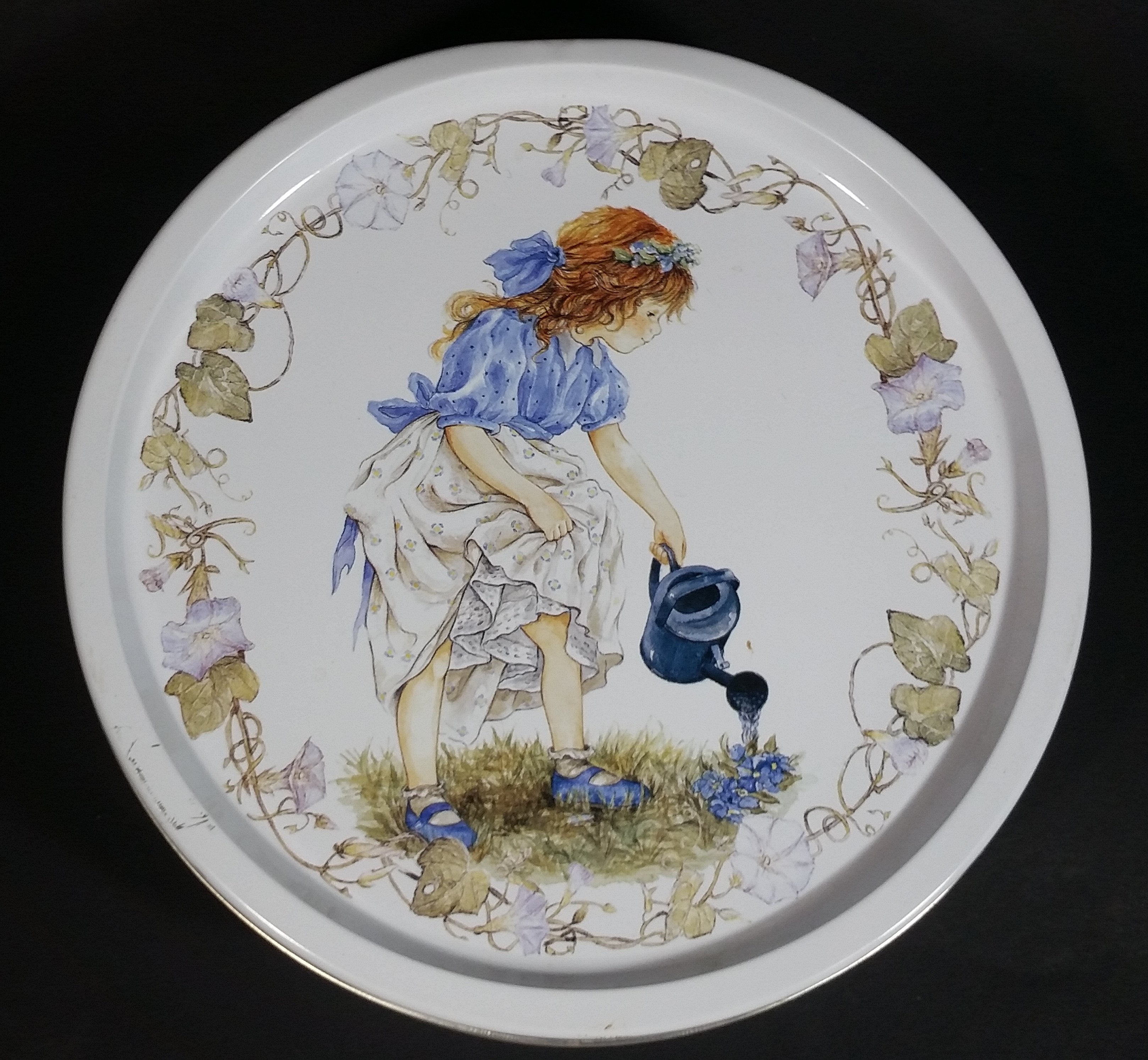 Vintage Girl Watering Flowers in a Blue Dress White Butter Cookies Tin Metal Canister 2