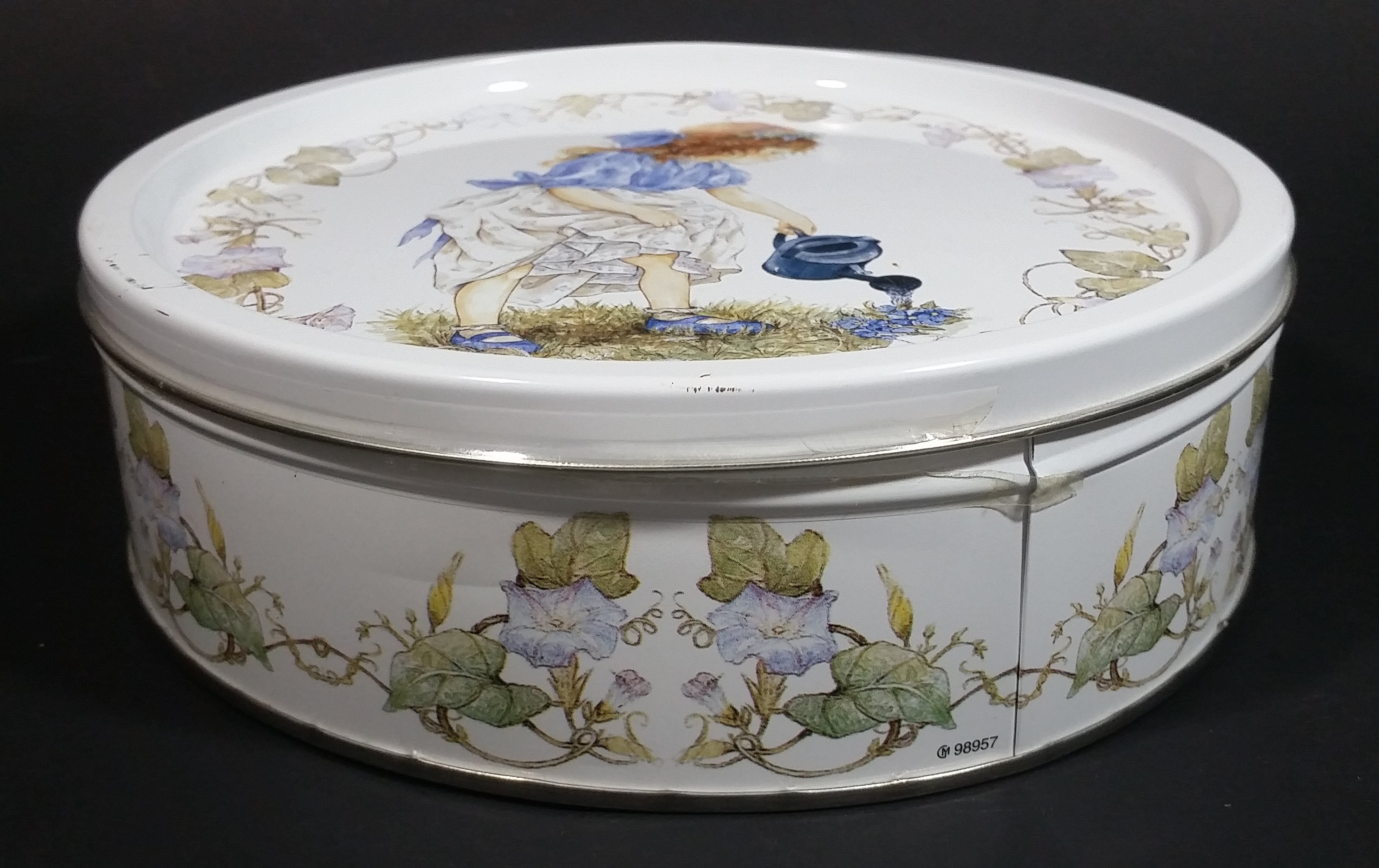 Vintage Girl Watering Flowers in a Blue Dress White Butter Cookies Tin Metal Canister 3
