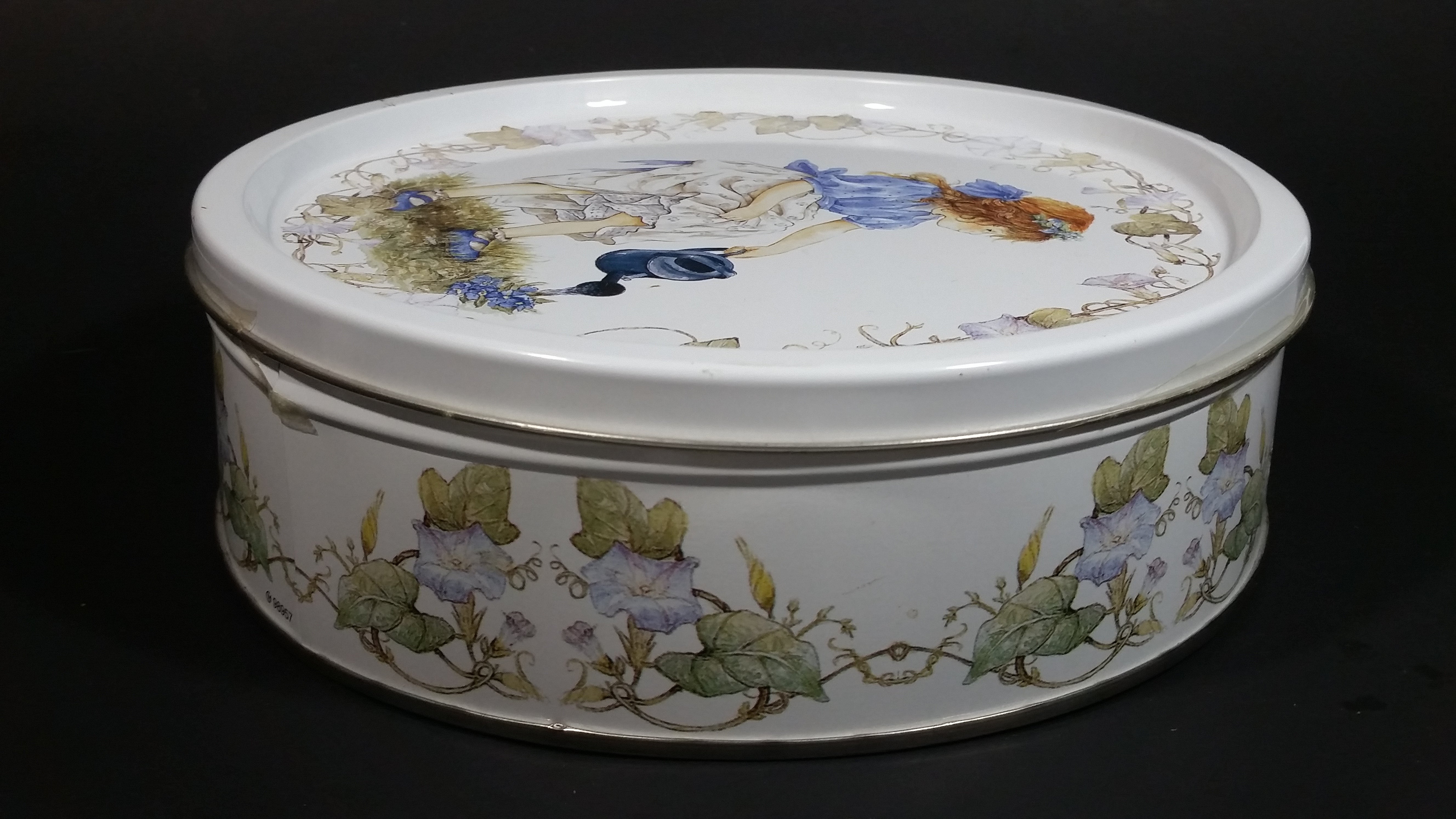 Vintage Girl Watering Flowers in a Blue Dress White Butter Cookies Tin Metal Canister 4