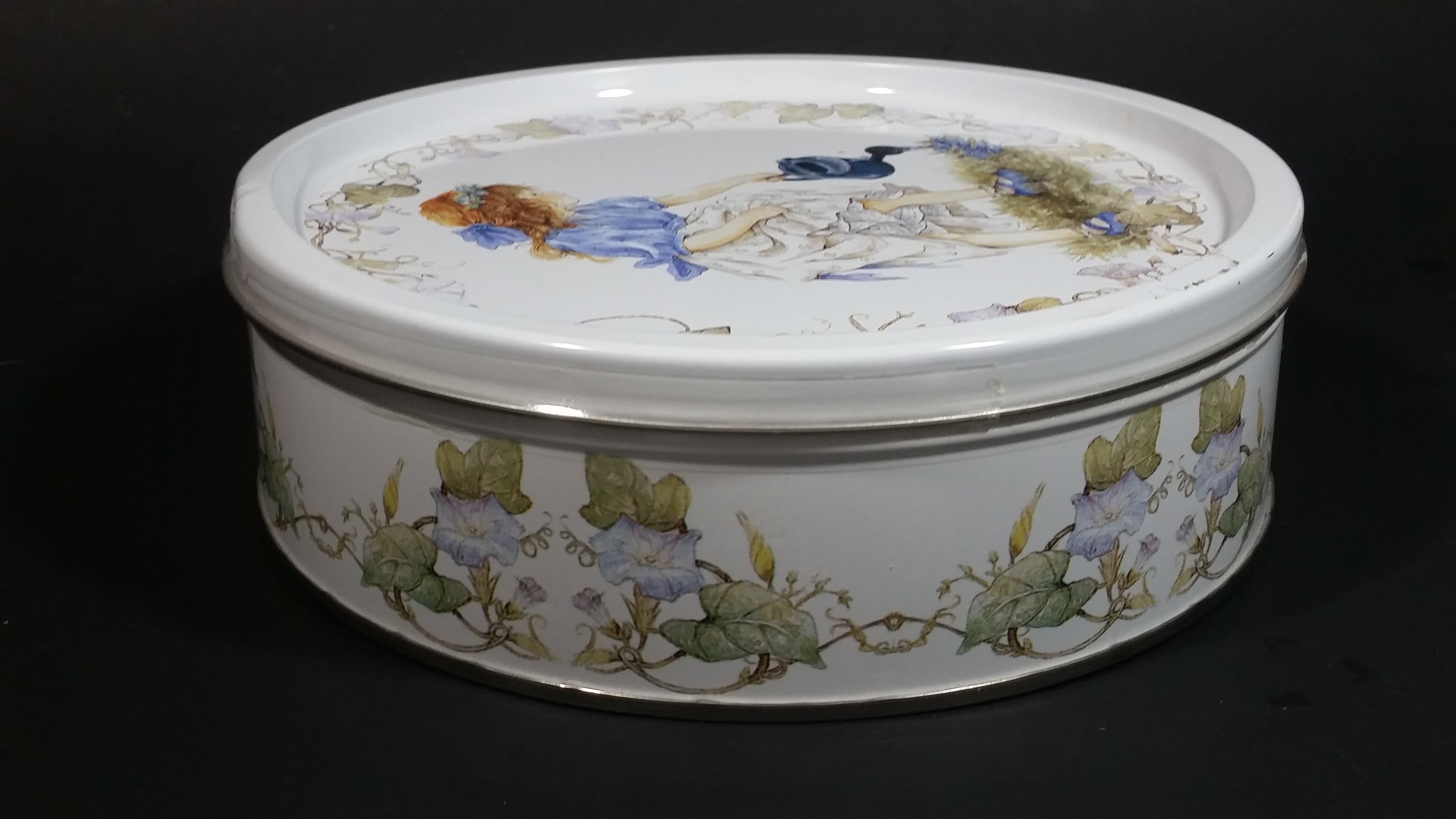 Vintage Girl Watering Flowers in a Blue Dress White Butter Cookies Tin Metal Canister 6