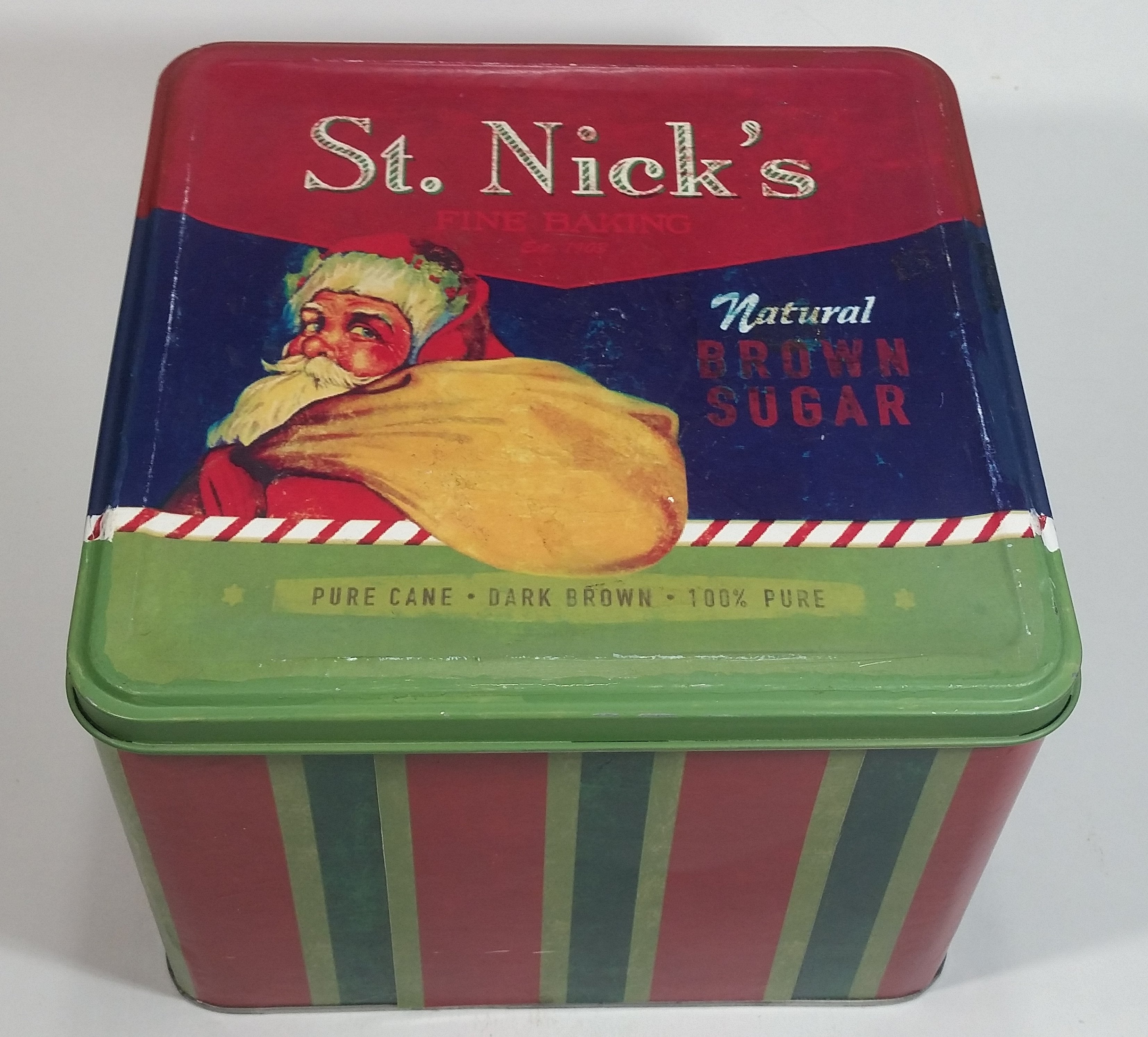 St. Nick's Fine Baking Natural Brown Sugar Pure Cane Dark Brown 100% Pure Santa Christmas Themed Large Tin Container 10