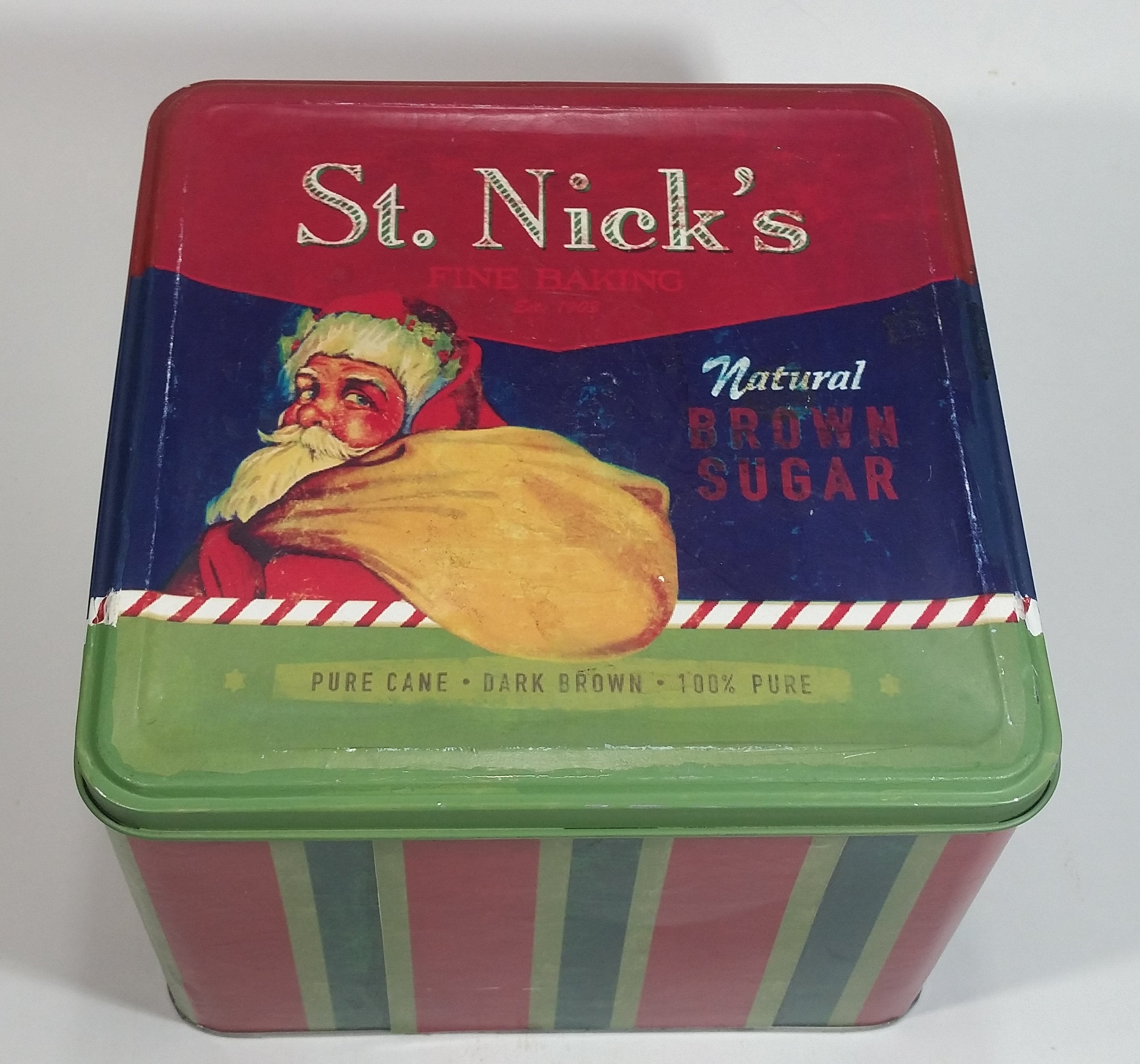 St. Nick's Fine Baking Natural Brown Sugar Pure Cane Dark Brown 100% Pure Santa Christmas Themed Large Tin Container 11