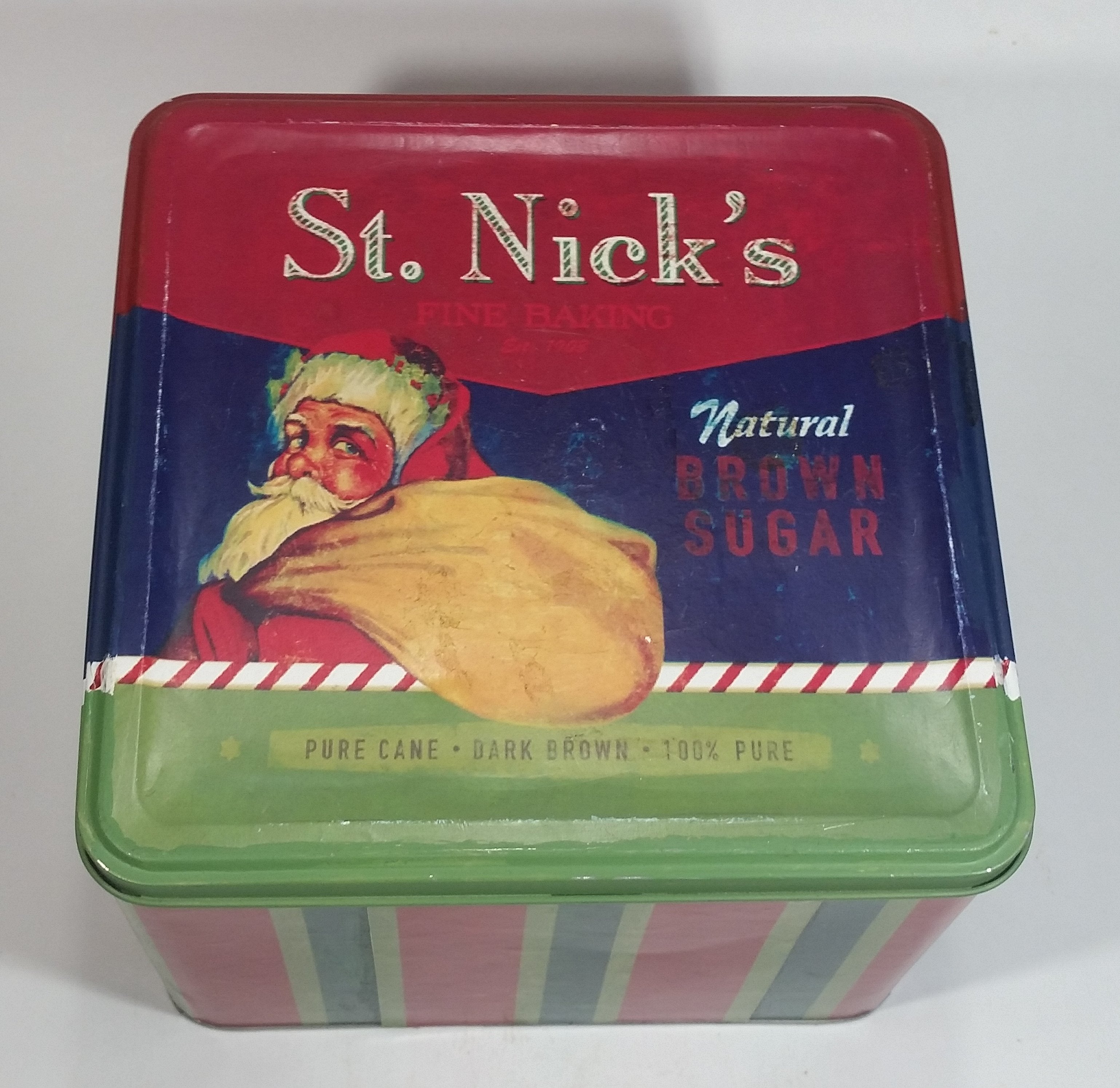 St. Nick's Fine Baking Natural Brown Sugar Pure Cane Dark Brown 100% Pure Santa Christmas Themed Large Tin Container 2