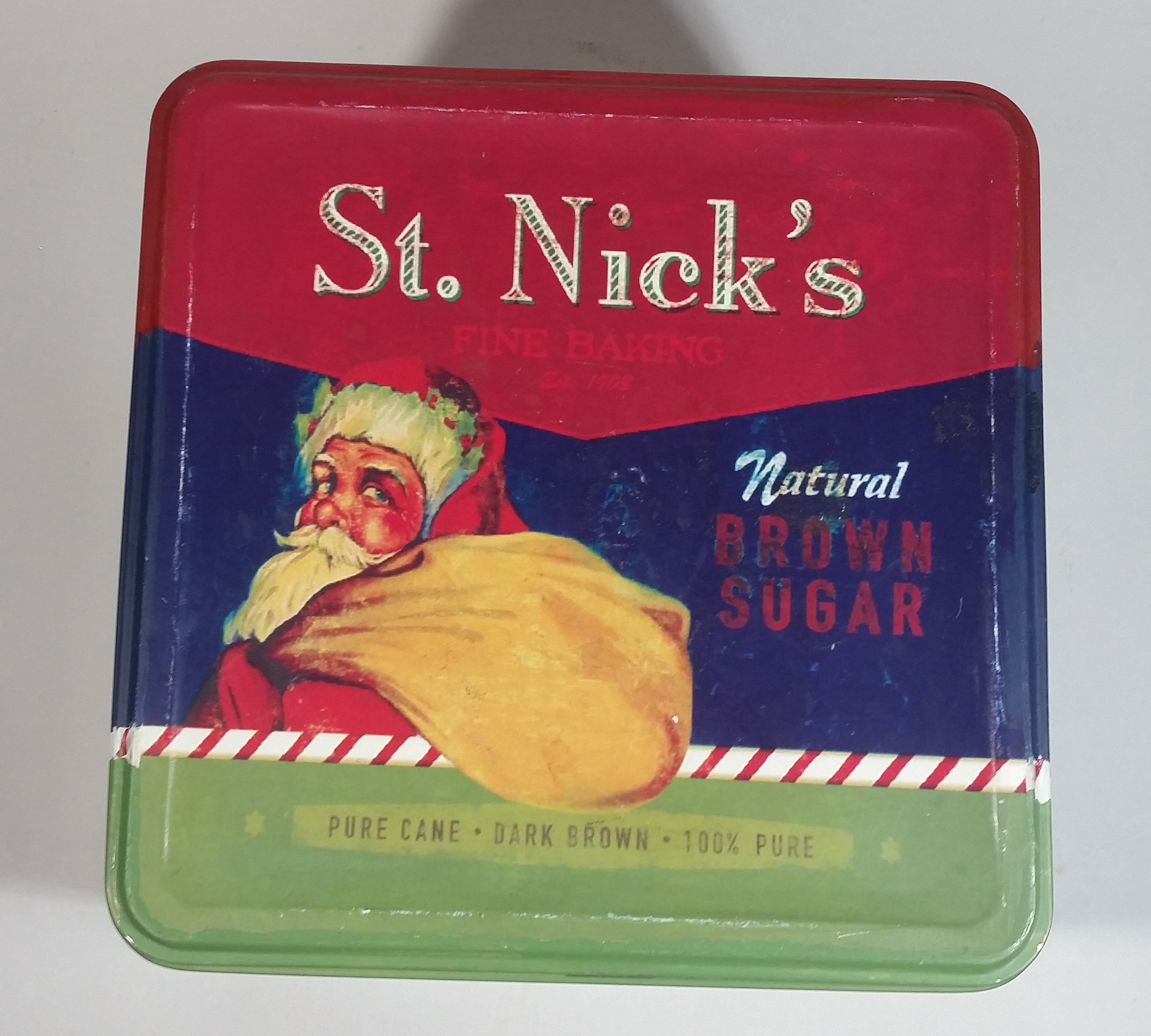 St. Nick's Fine Baking Natural Brown Sugar Pure Cane Dark Brown 100% Pure Santa Christmas Themed Large Tin Container 3