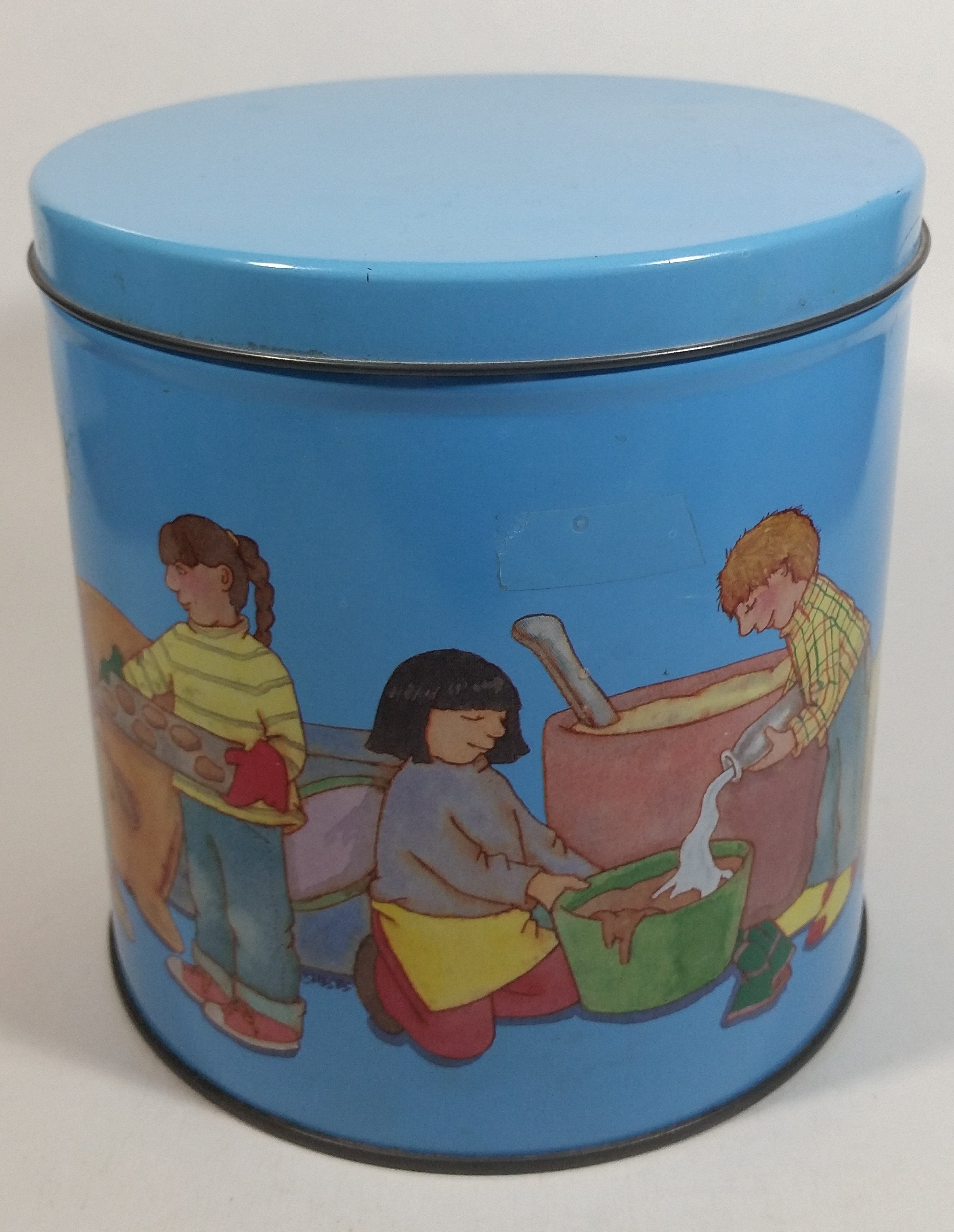 Cute Vintage Children Playing Chef and Baker with Ingredients Blue Tin Metal Canister 2