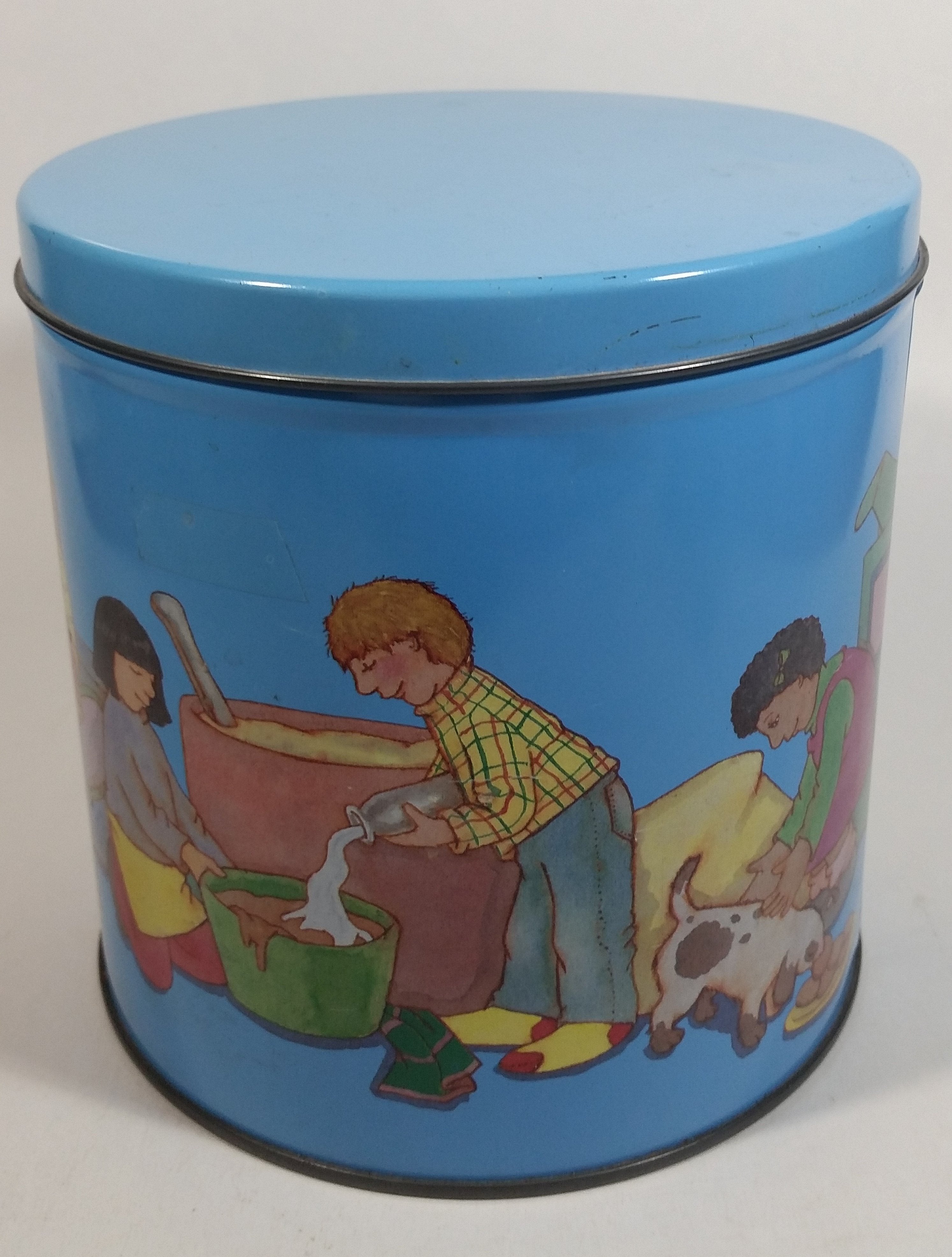 Cute Vintage Children Playing Chef and Baker with Ingredients Blue Tin Metal Canister 3