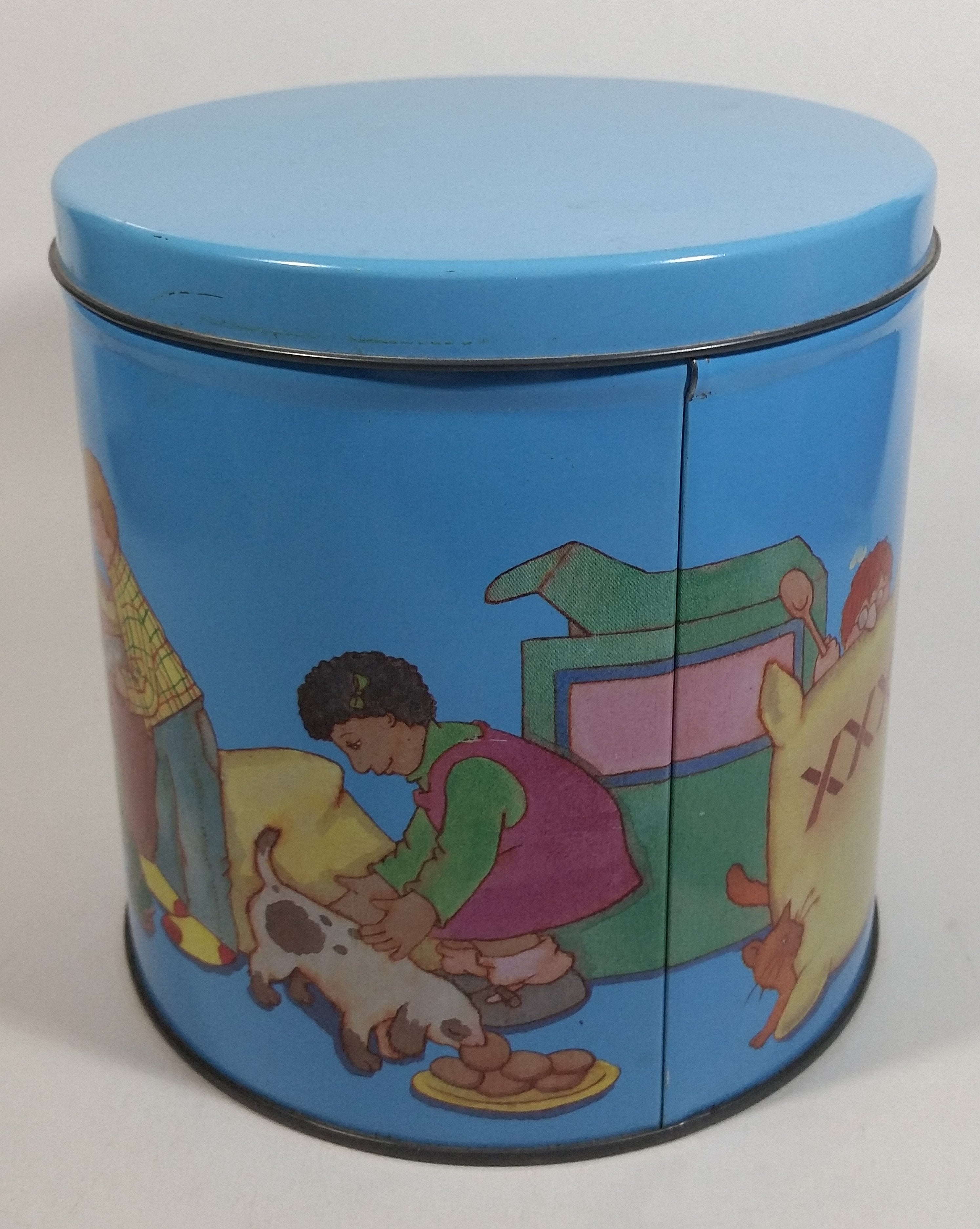 Cute Vintage Children Playing Chef and Baker with Ingredients Blue Tin Metal Canister 4