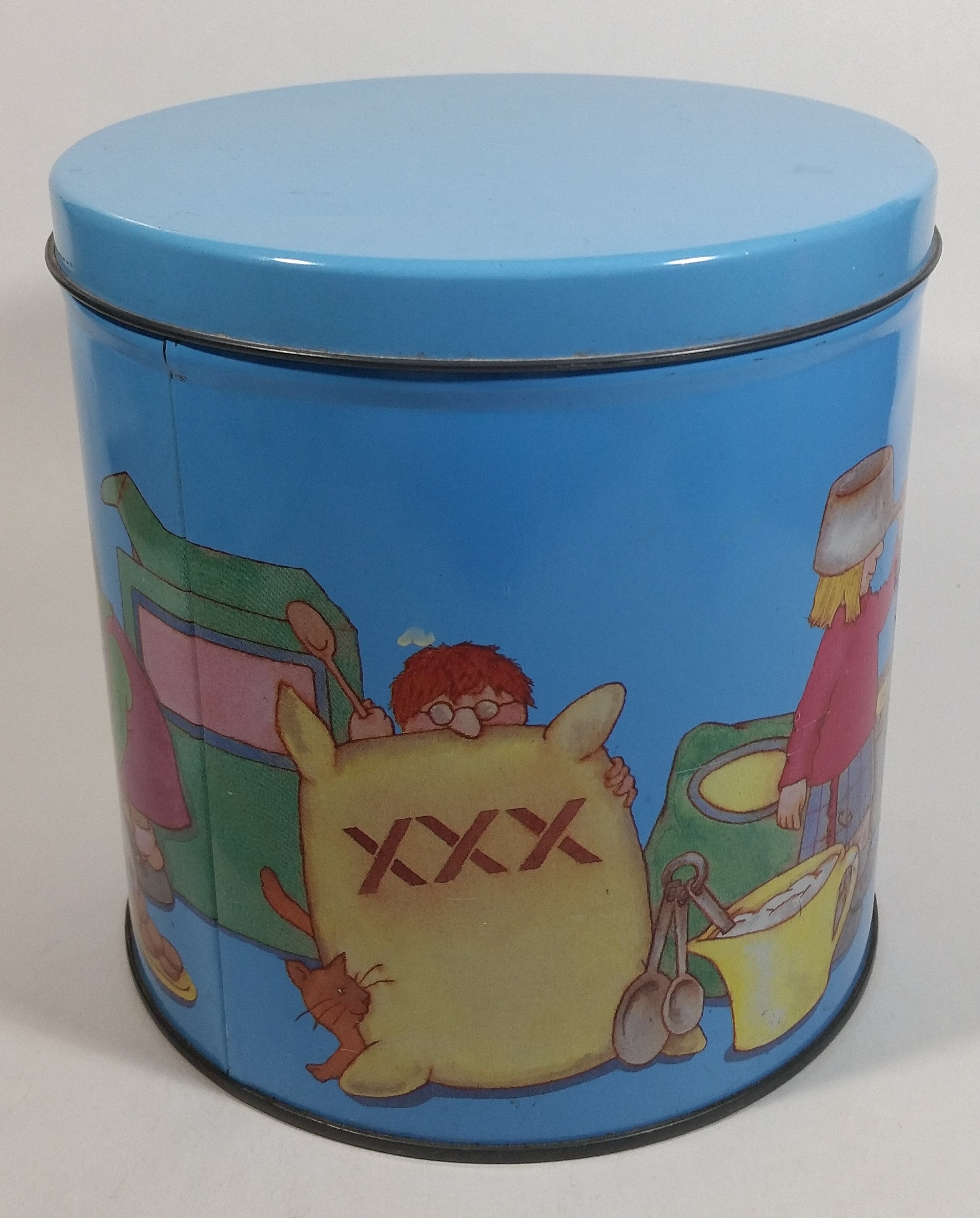 Cute Vintage Children Playing Chef and Baker with Ingredients Blue Tin Metal Canister 5