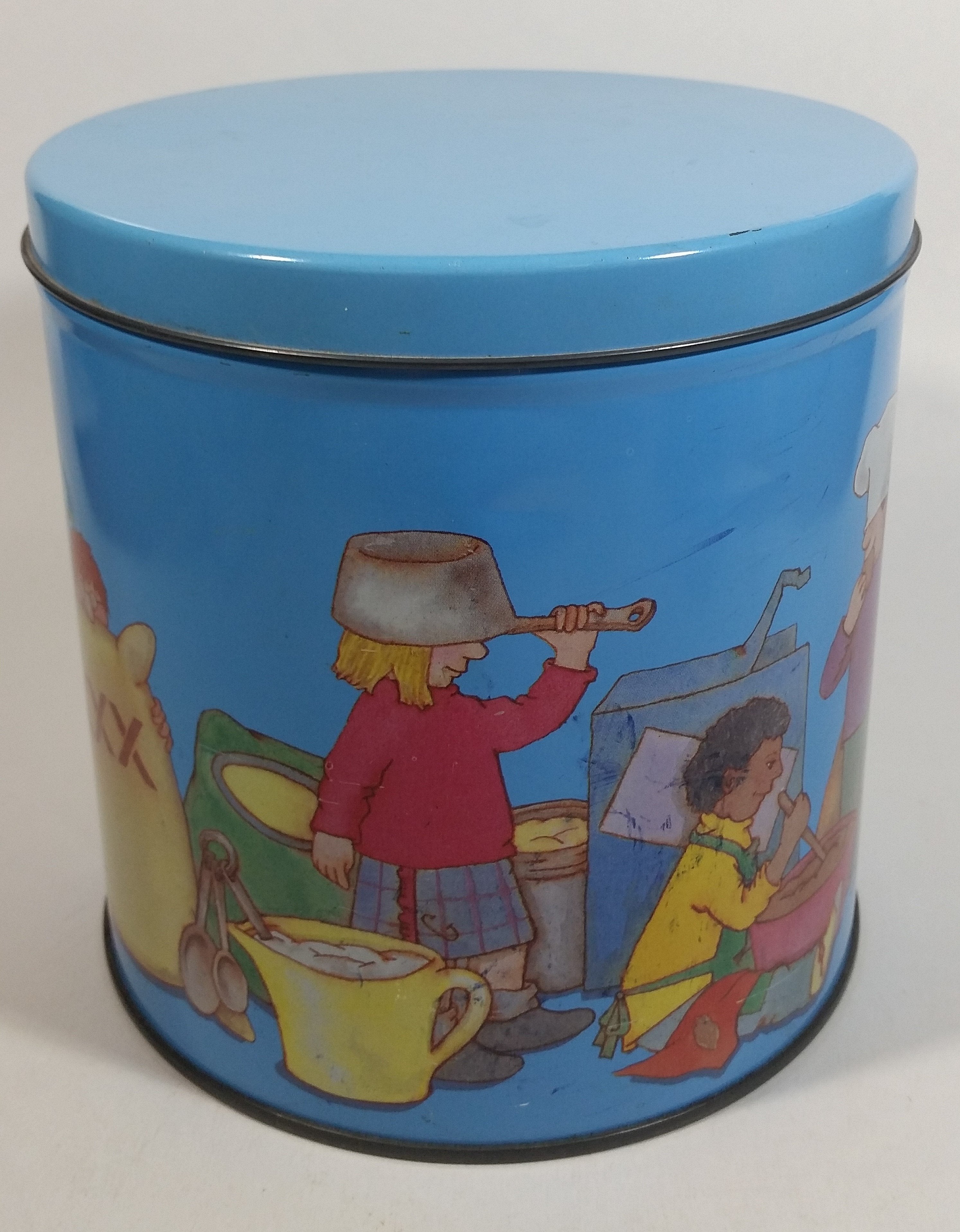 Cute Vintage Children Playing Chef and Baker with Ingredients Blue Tin Metal Canister 6
