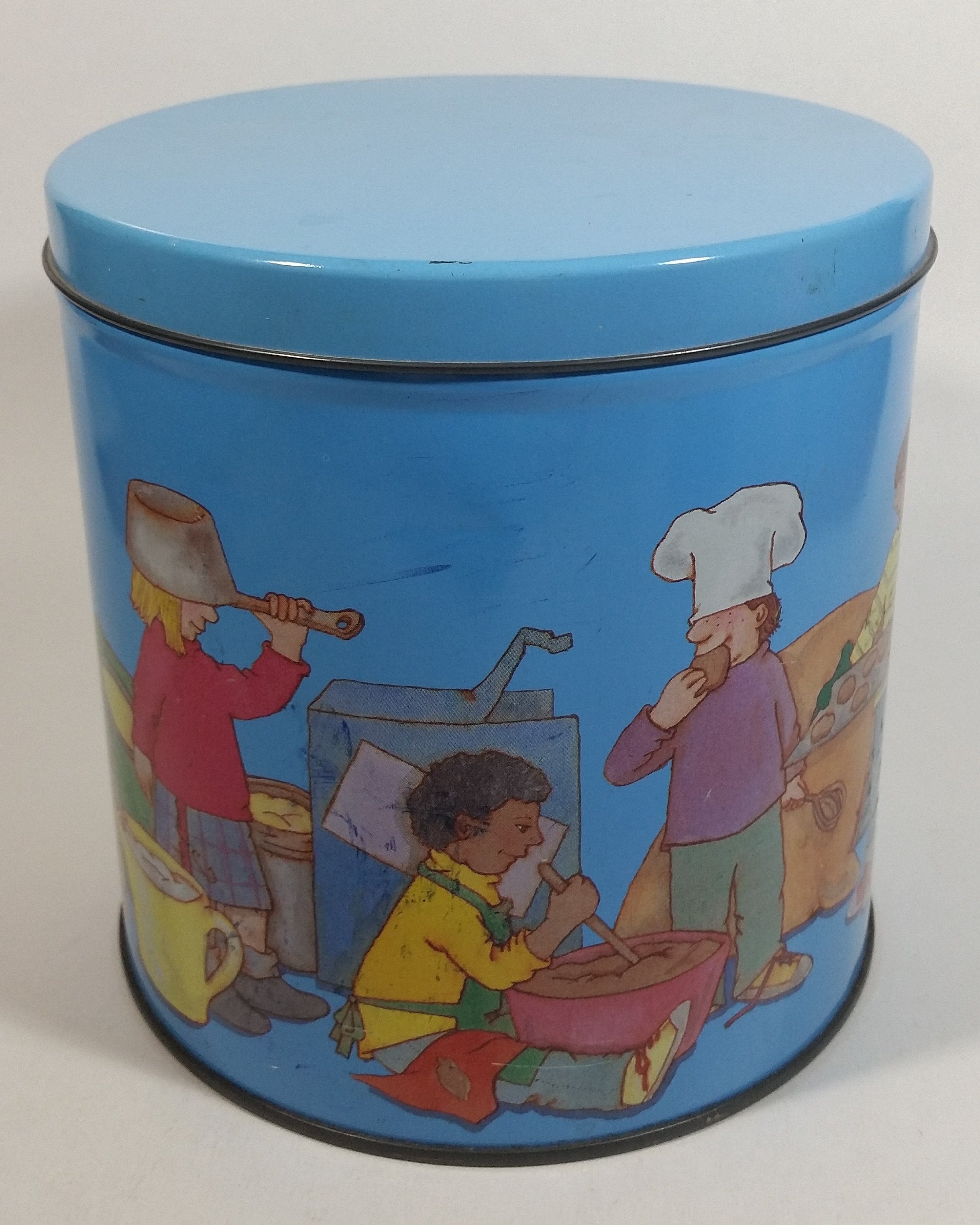 Cute Vintage Children Playing Chef and Baker with Ingredients Blue Tin Metal Canister 7