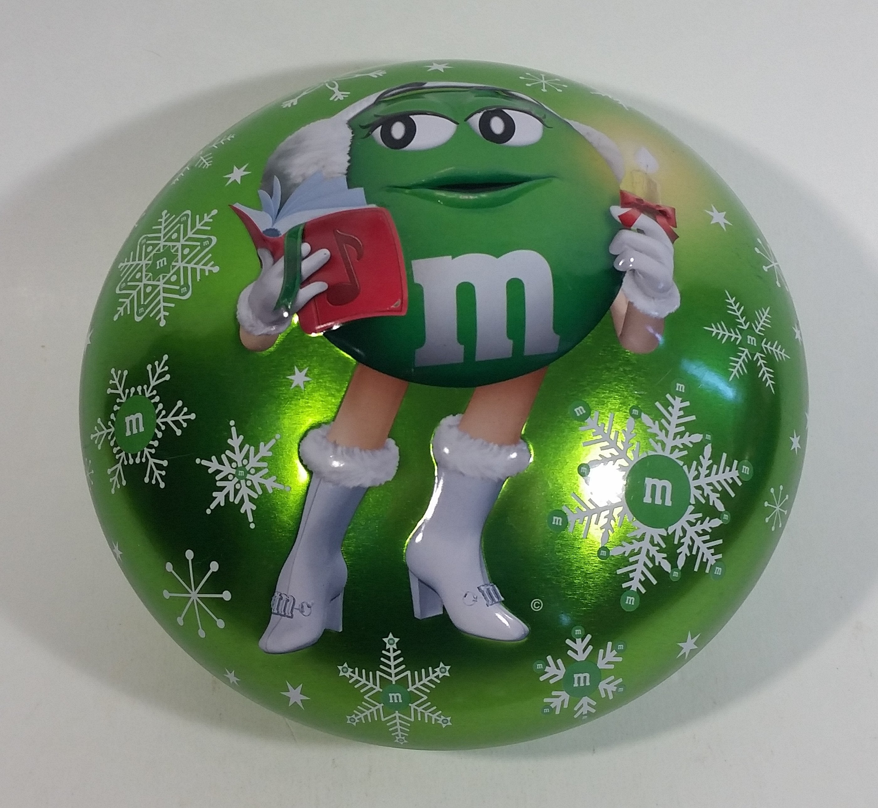 2013 M & M's Chocolate Candies Green Character Christmas Themed Candy Shaped Round Tin Metal Container 2