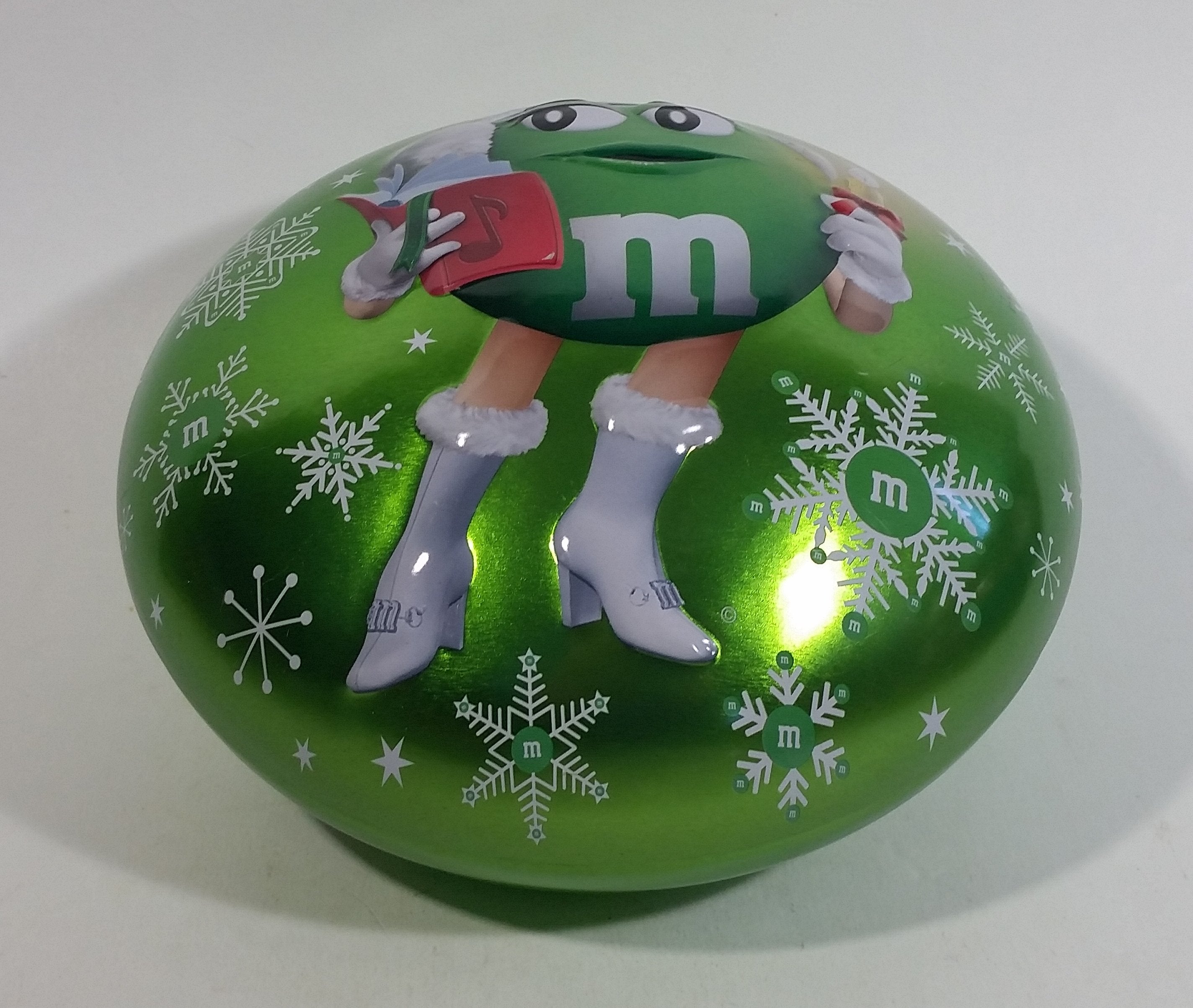 2013 M & M's Chocolate Candies Green Character Christmas Themed Candy Shaped Round Tin Metal Container 3