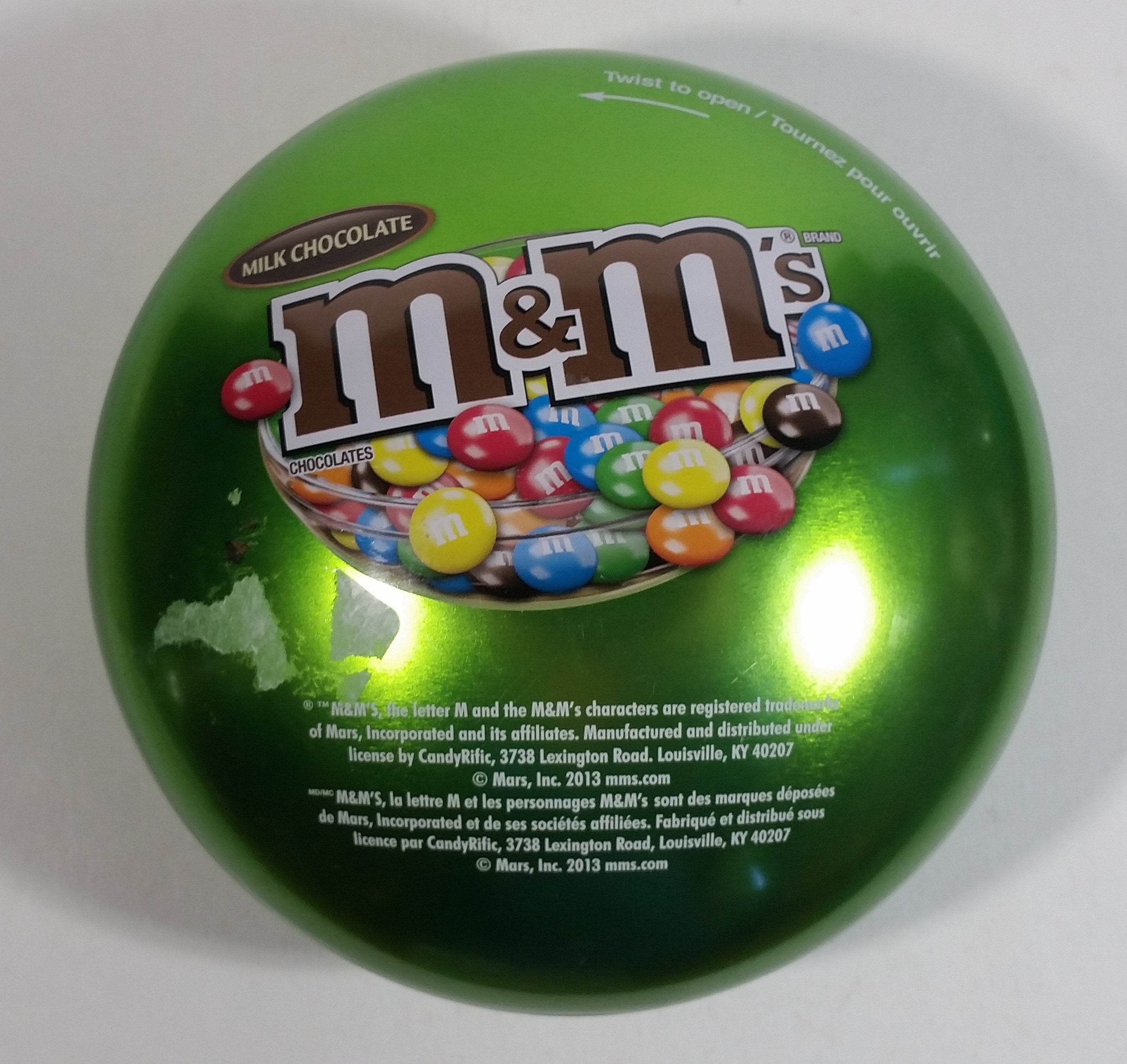 2013 M & M's Chocolate Candies Green Character Christmas Themed Candy Shaped Round Tin Metal Container 5