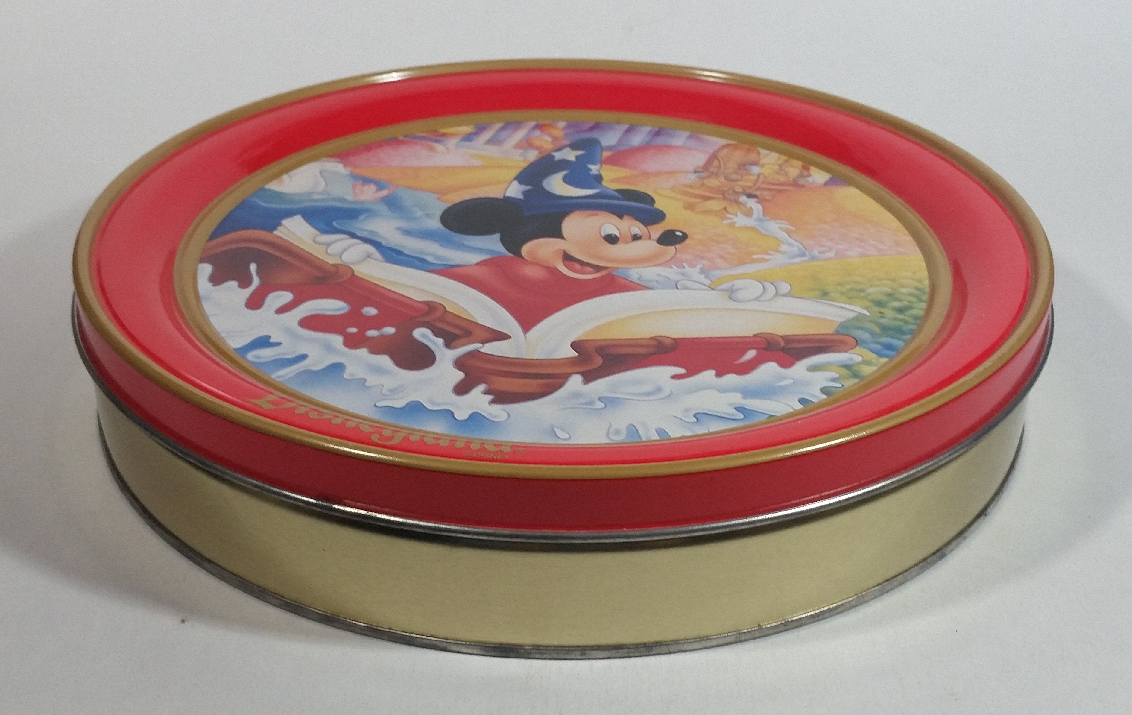 Walt Disney Disney Land Wizard Mickey Mouse Cartoon Character Red 10" Round Metal Tin Canister 3