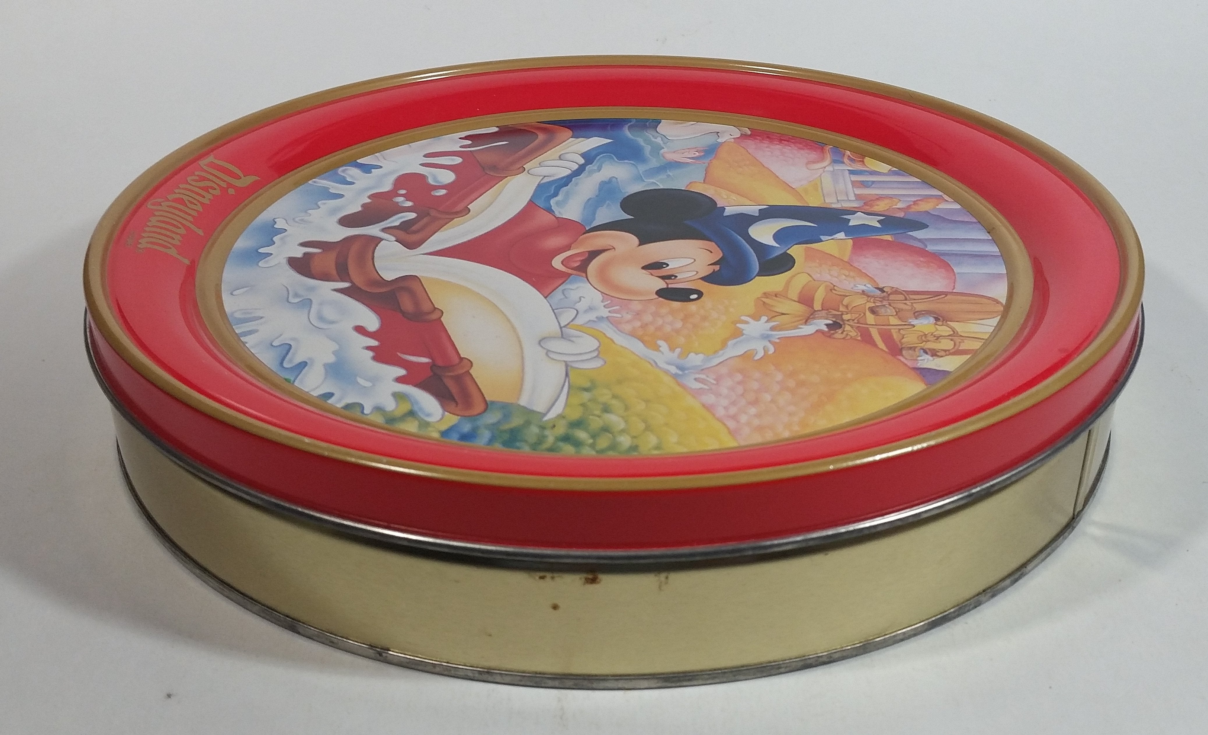 Walt Disney Disney Land Wizard Mickey Mouse Cartoon Character Red 10" Round Metal Tin Canister 4