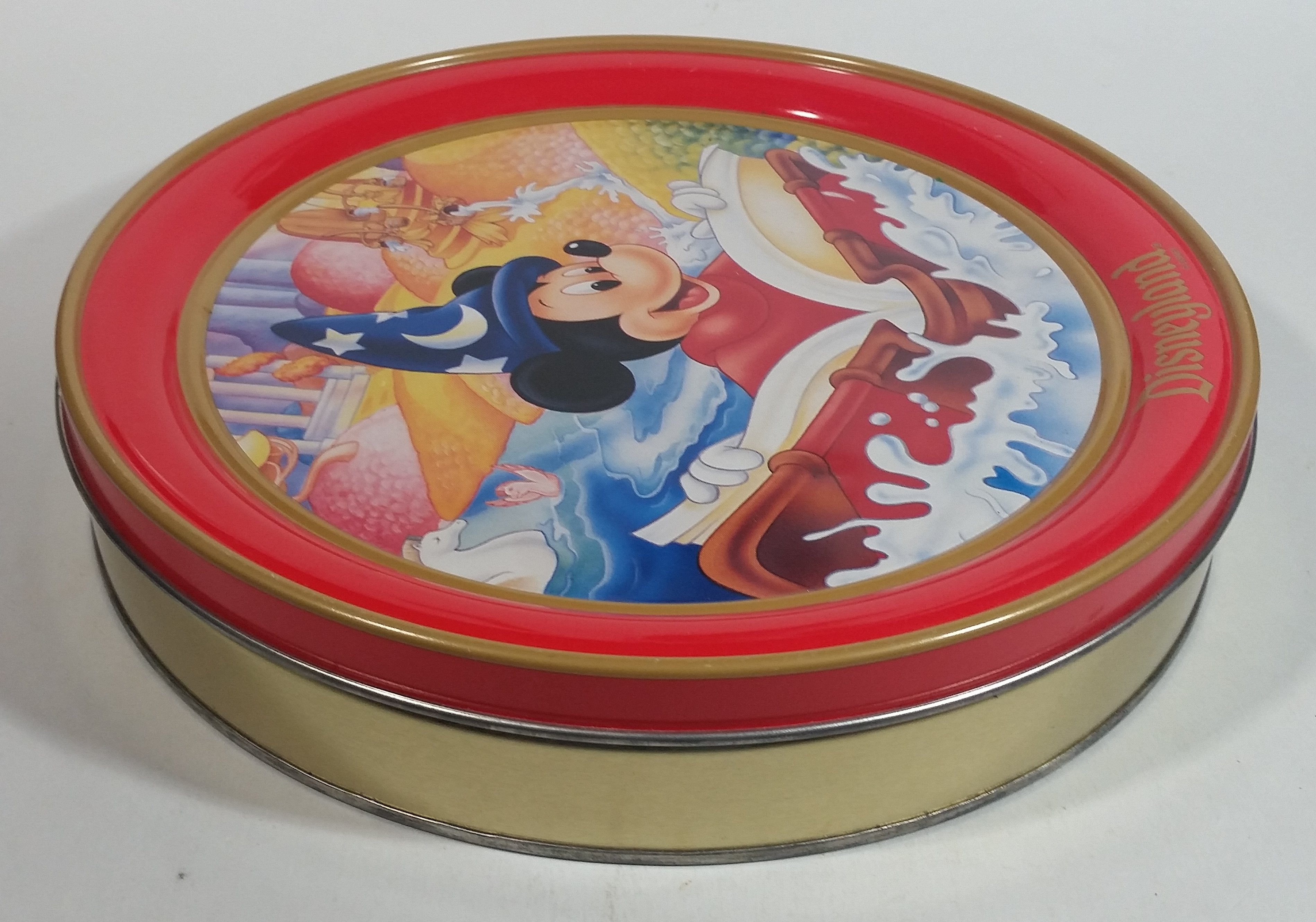Walt Disney Disney Land Wizard Mickey Mouse Cartoon Character Red 10" Round Metal Tin Canister 6