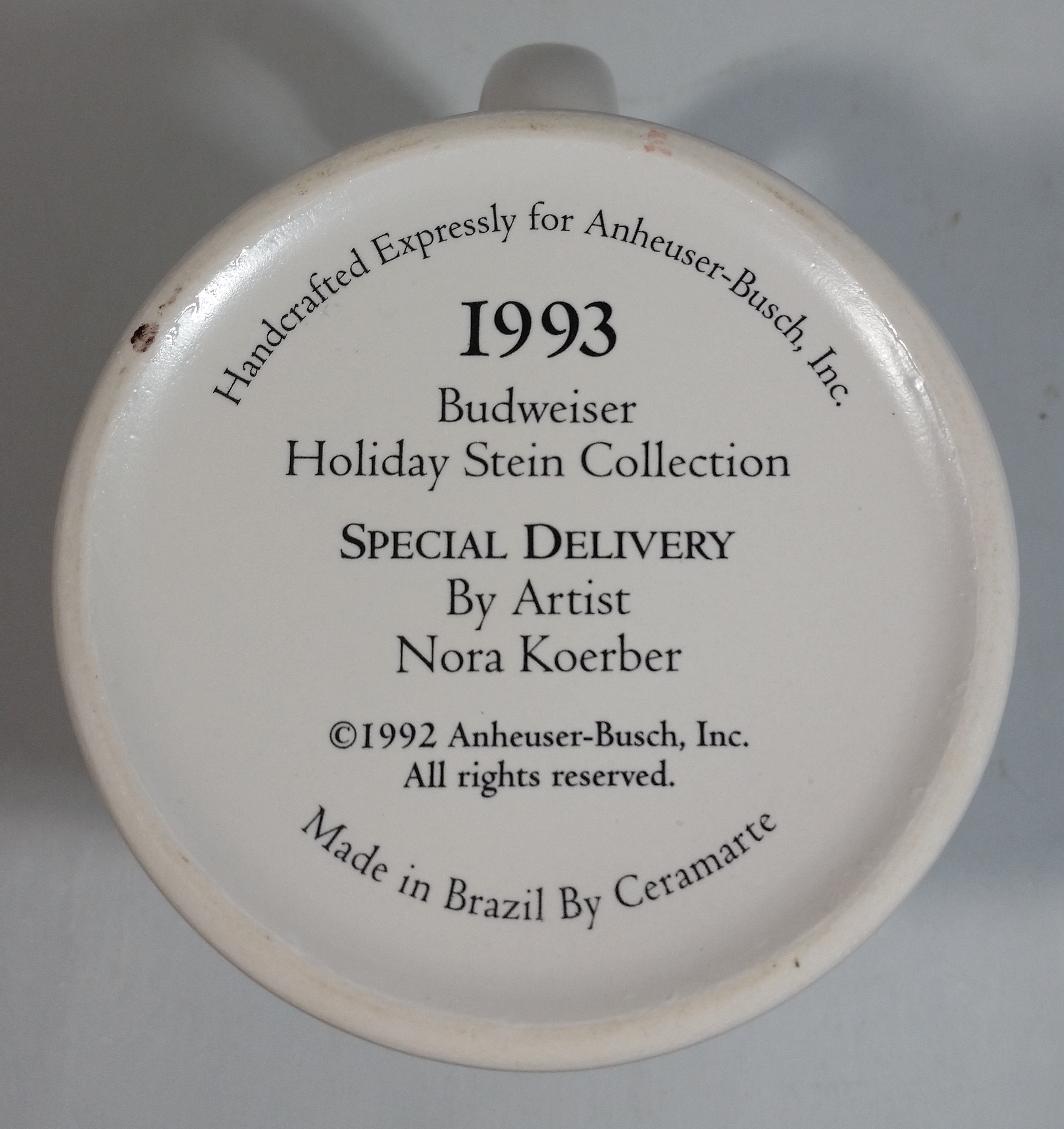 1993 Budweiser Holiday Stein Collection Special Delivery Ceramic Beer Stein By Artist Nora Koerber - Handcrafted in Brazil by Ceramarte 10