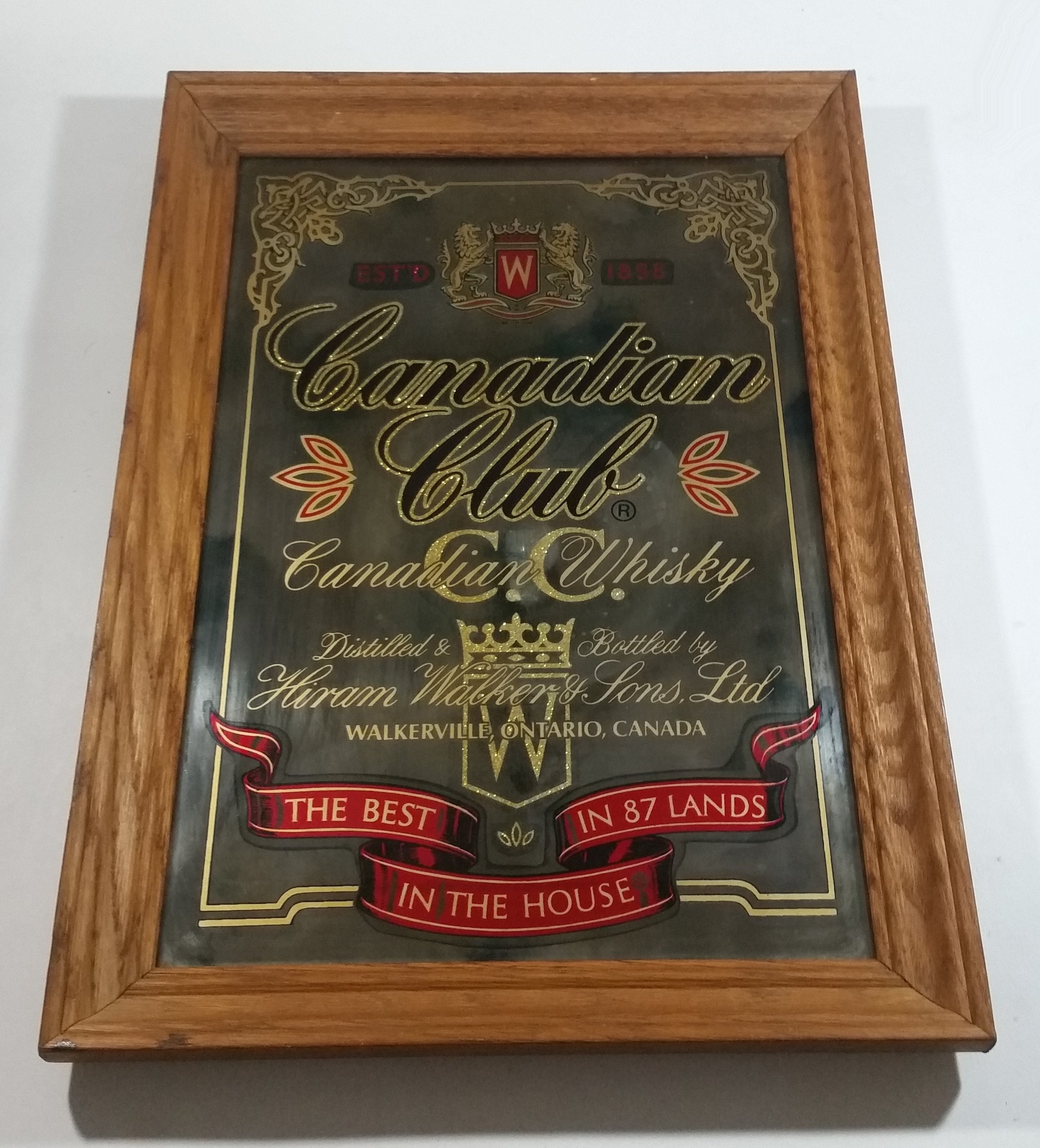 Canadian Club Whisky Hiram Walker & Sons Ltd Wakerville Ontario, Canada Wood Framed Advertising Mirror 13" x 18" 2
