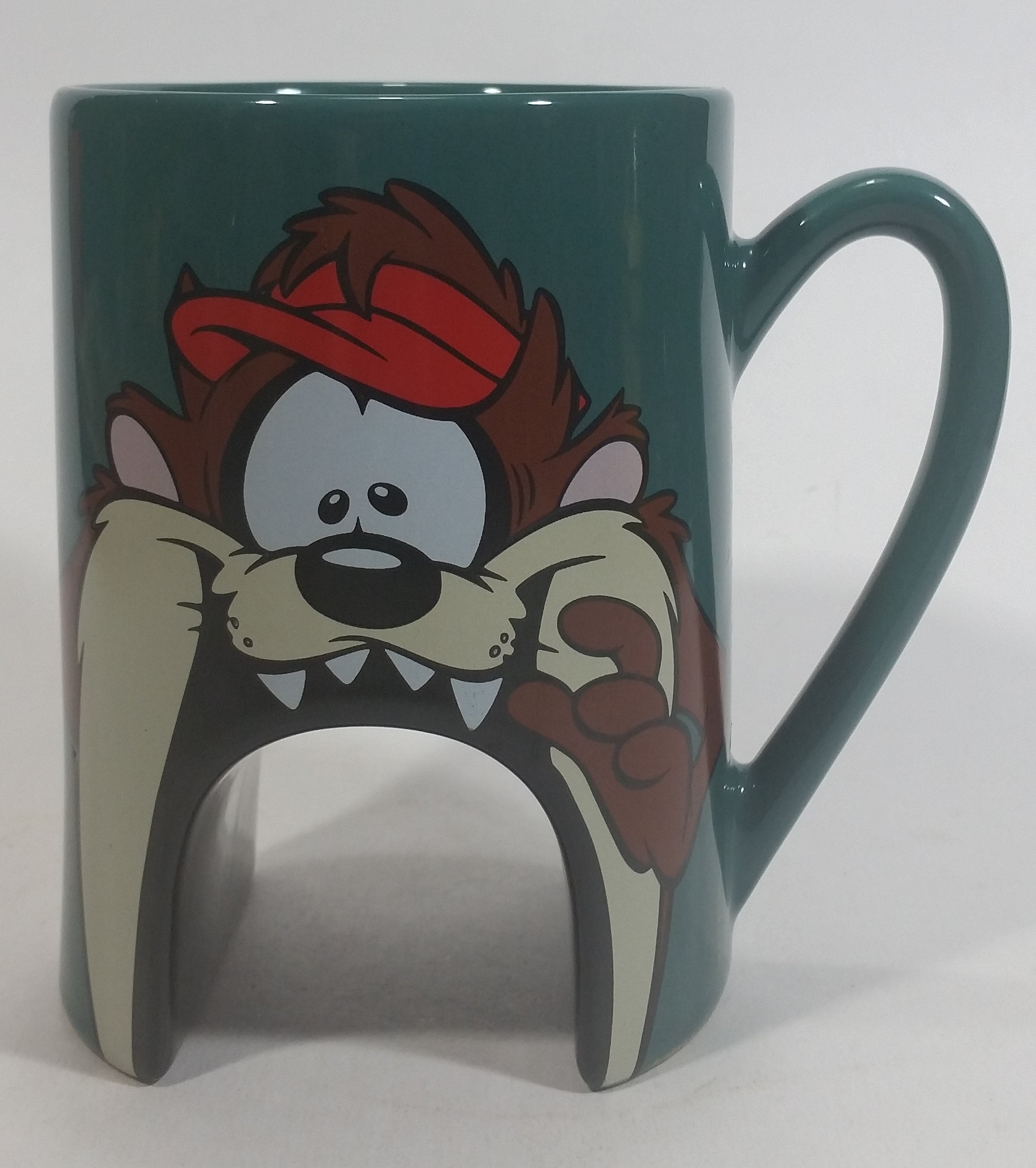 1998 Warner Bros Looney Tunes Taz Tasmanian Devil Cartoon Character "Sink It and Drink It!" Dark Green Ceramic Coffee Mug with Hole For Golf Ball Underneath 2