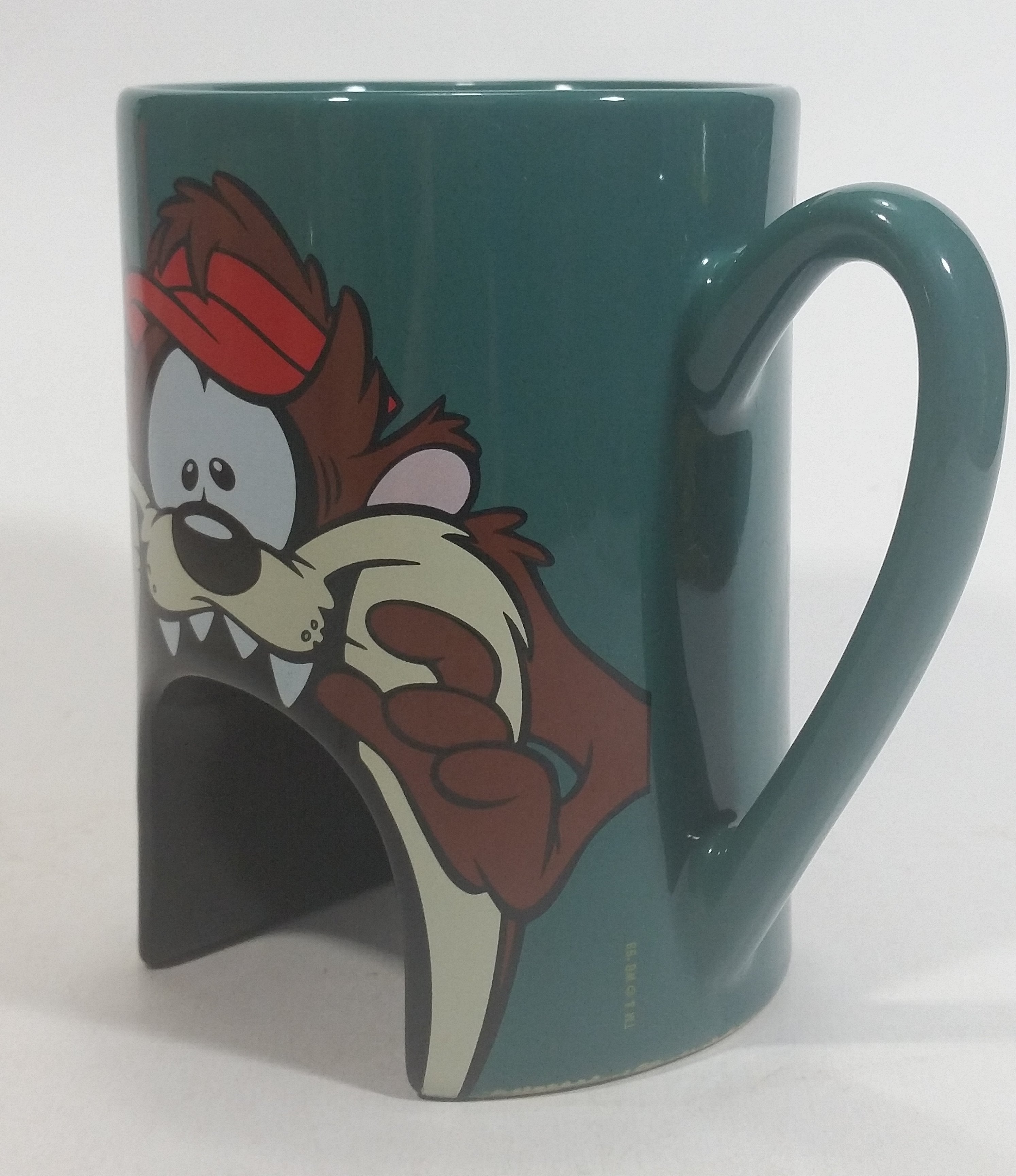 1998 Warner Bros Looney Tunes Taz Tasmanian Devil Cartoon Character "Sink It and Drink It!" Dark Green Ceramic Coffee Mug with Hole For Golf Ball Underneath 3