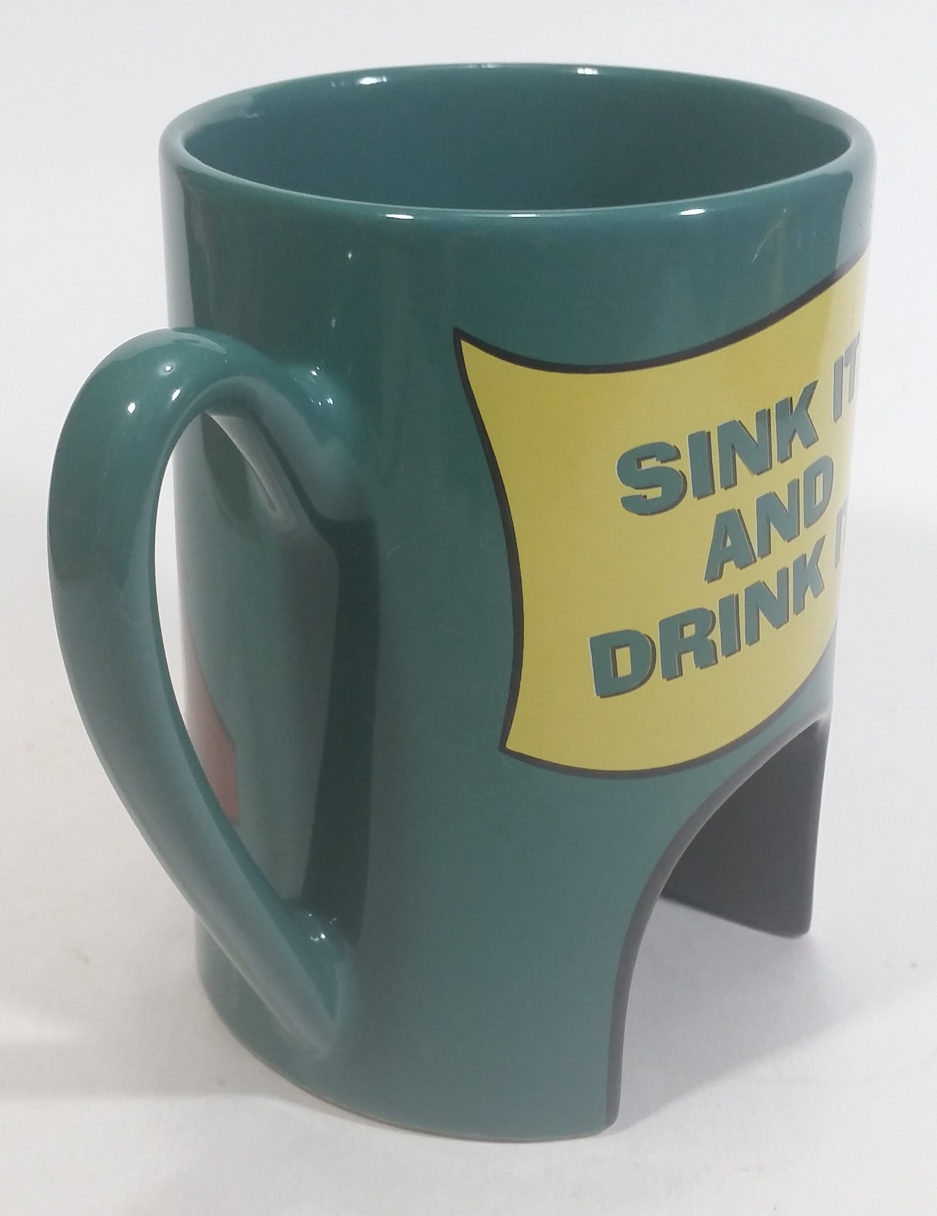 1998 Warner Bros Looney Tunes Taz Tasmanian Devil Cartoon Character "Sink It and Drink It!" Dark Green Ceramic Coffee Mug with Hole For Golf Ball Underneath 5
