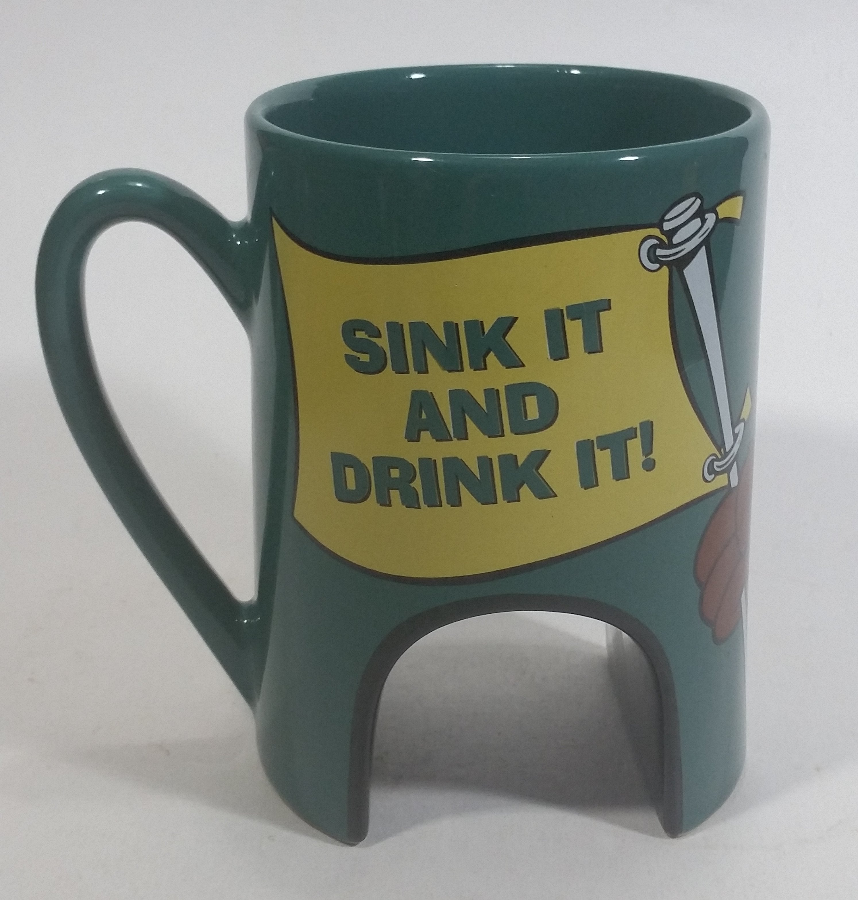 1998 Warner Bros Looney Tunes Taz Tasmanian Devil Cartoon Character "Sink It and Drink It!" Dark Green Ceramic Coffee Mug with Hole For Golf Ball Underneath 6