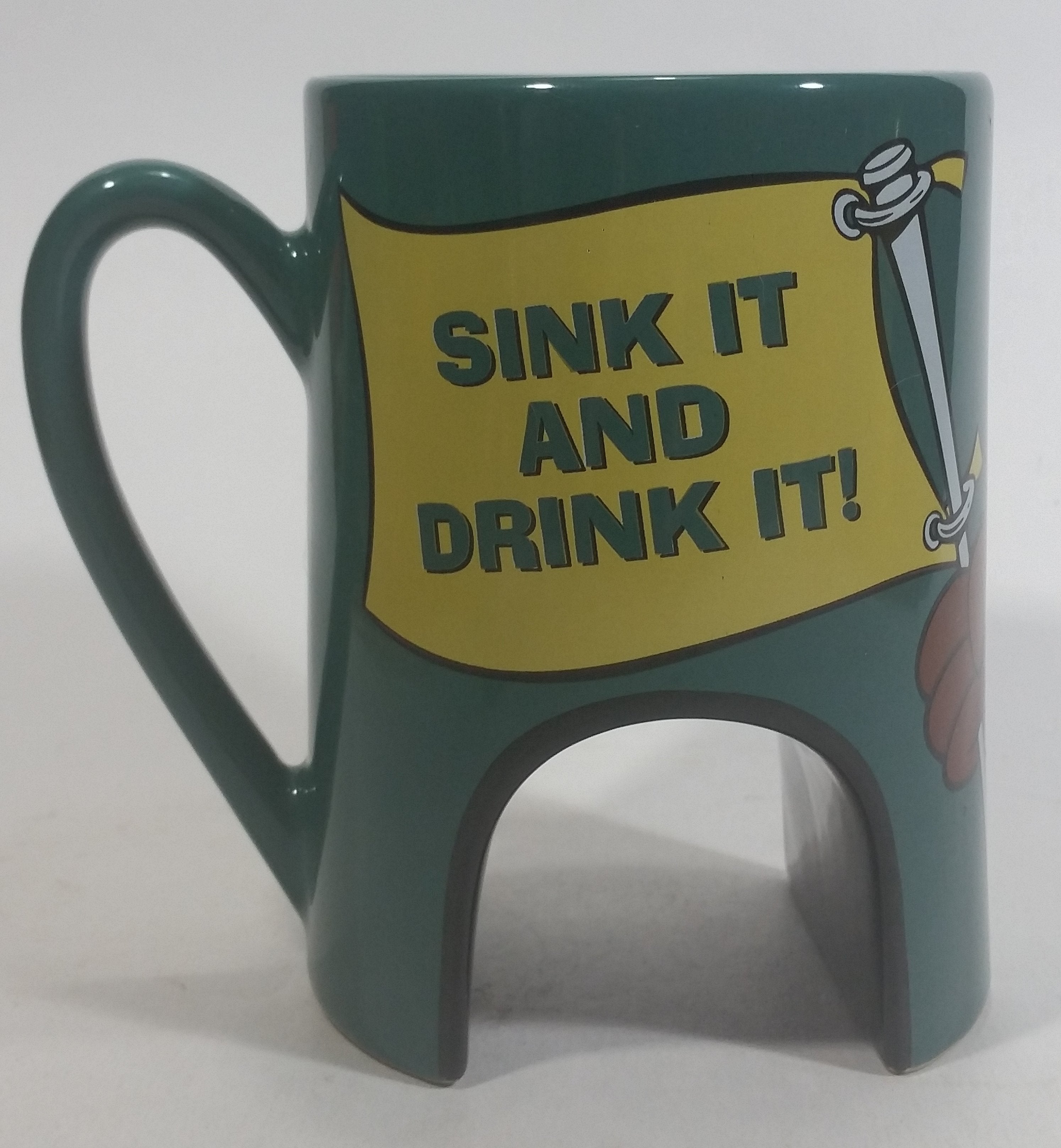 1998 Warner Bros Looney Tunes Taz Tasmanian Devil Cartoon Character "Sink It and Drink It!" Dark Green Ceramic Coffee Mug with Hole For Golf Ball Underneath 7