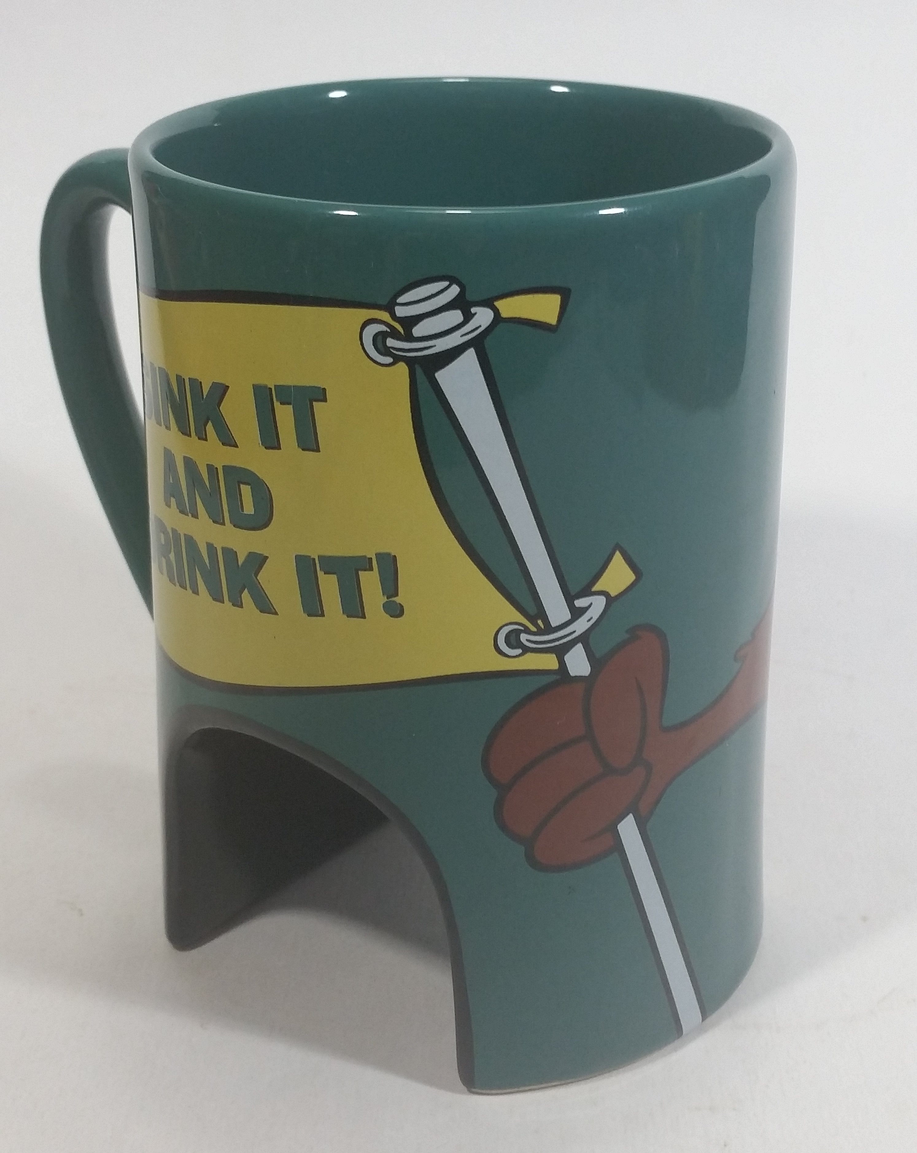 1998 Warner Bros Looney Tunes Taz Tasmanian Devil Cartoon Character "Sink It and Drink It!" Dark Green Ceramic Coffee Mug with Hole For Golf Ball Underneath 8