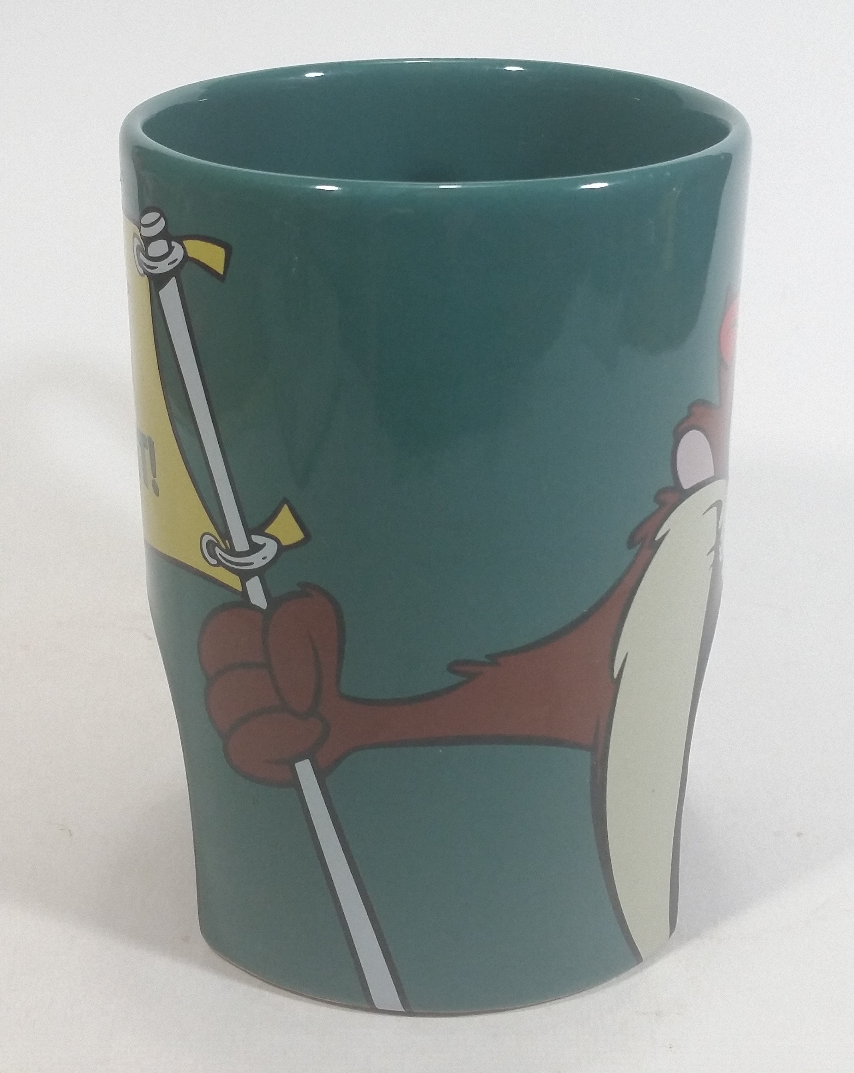 1998 Warner Bros Looney Tunes Taz Tasmanian Devil Cartoon Character "Sink It and Drink It!" Dark Green Ceramic Coffee Mug with Hole For Golf Ball Underneath 9