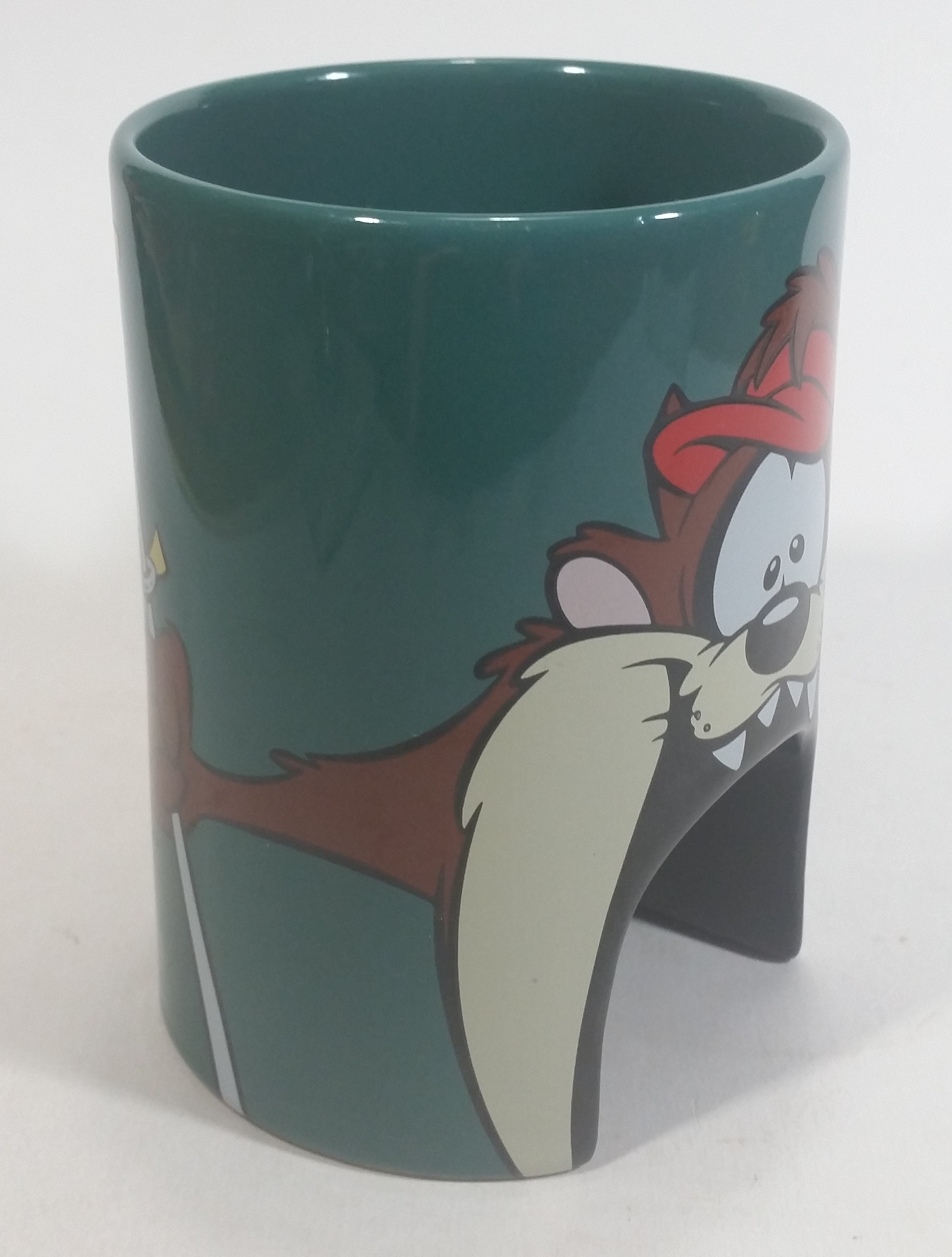 1998 Warner Bros Looney Tunes Taz Tasmanian Devil Cartoon Character "Sink It and Drink It!" Dark Green Ceramic Coffee Mug with Hole For Golf Ball Underneath 10