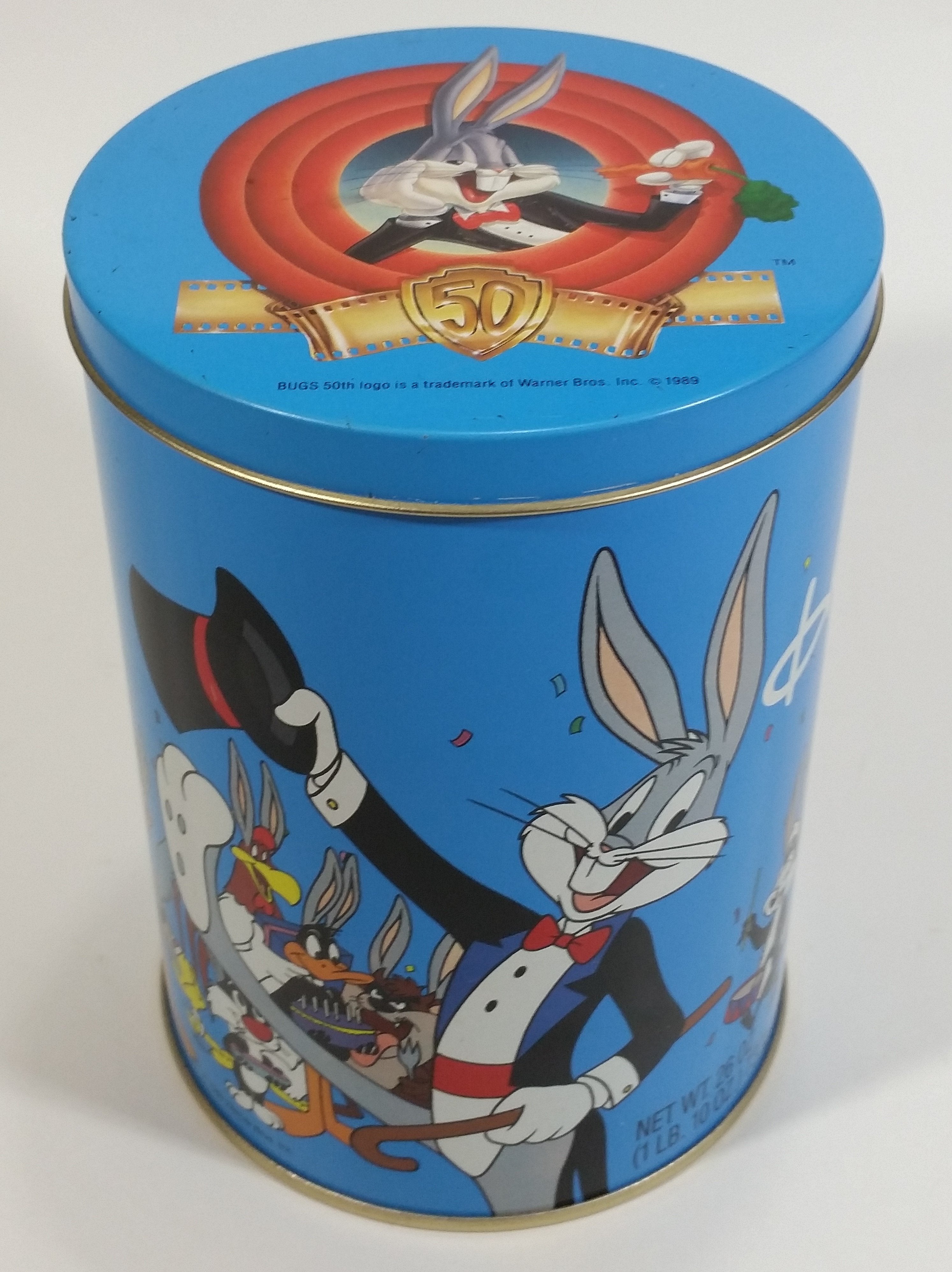 1989 Warner Bros Looney Tunes Happy Birthday Bugs Bunny 50th Anniversary Brach's Jelly Beans Tin Canister Cartoon Collectible 14