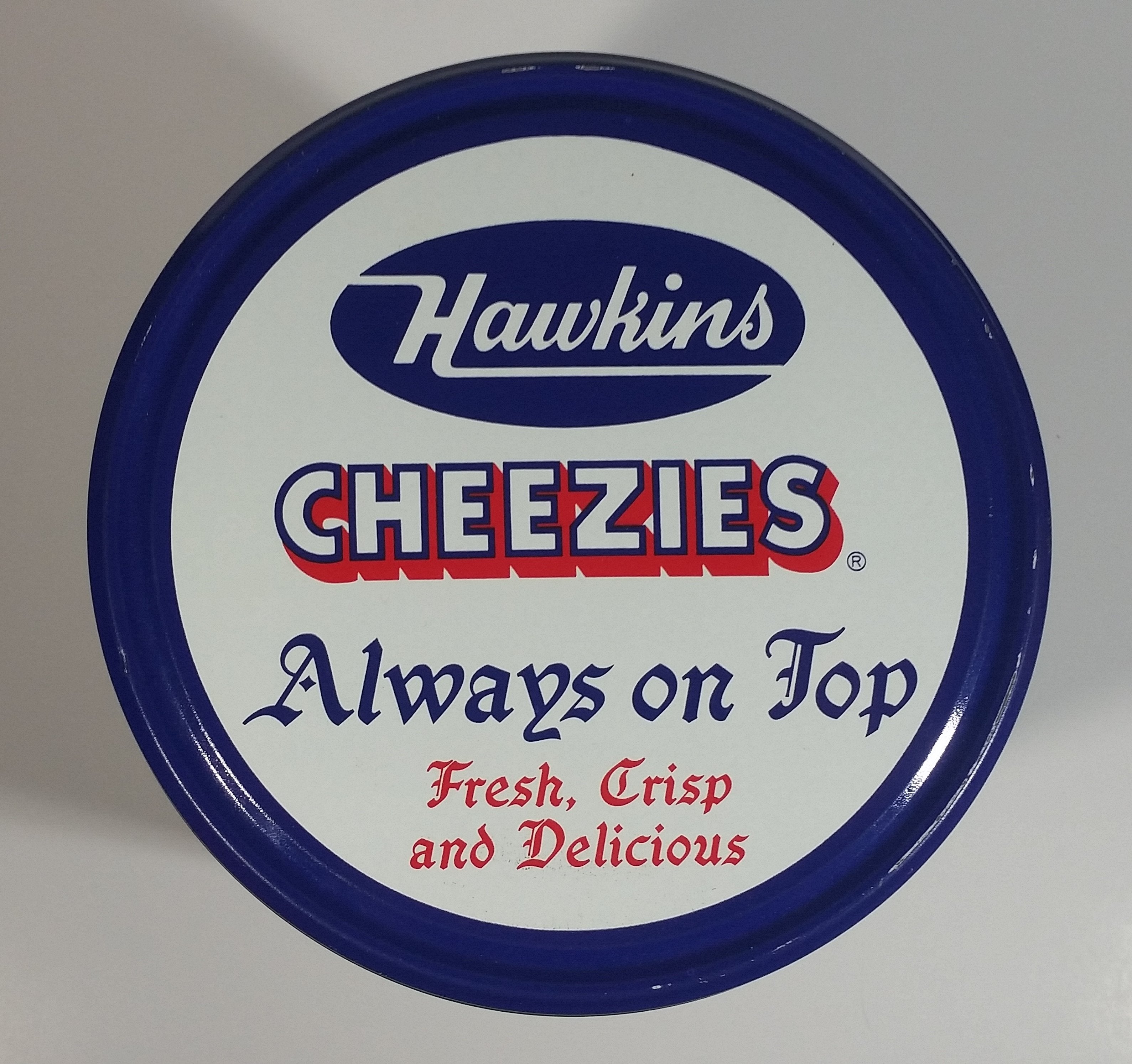 HTF Hawkins Cheezies Corn Snacks "Always on Top" Fresh, Crisp, and Delicious Limited Edition Tin Metal Canister 8