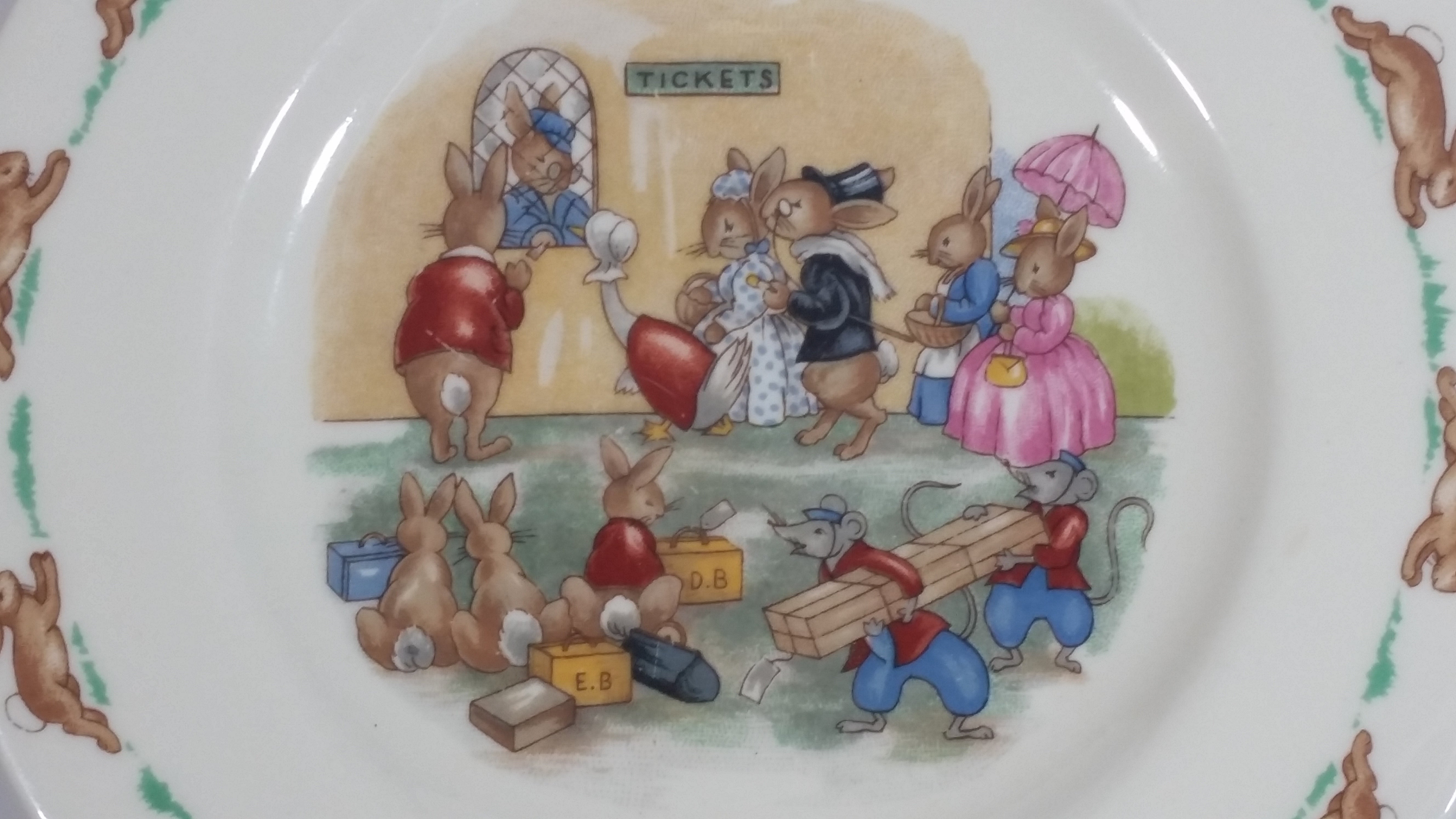 Vintage Royal Doulton Bunnykins "Tickets" Queue Office 6 1/2" English Fine Bone China Plate 2