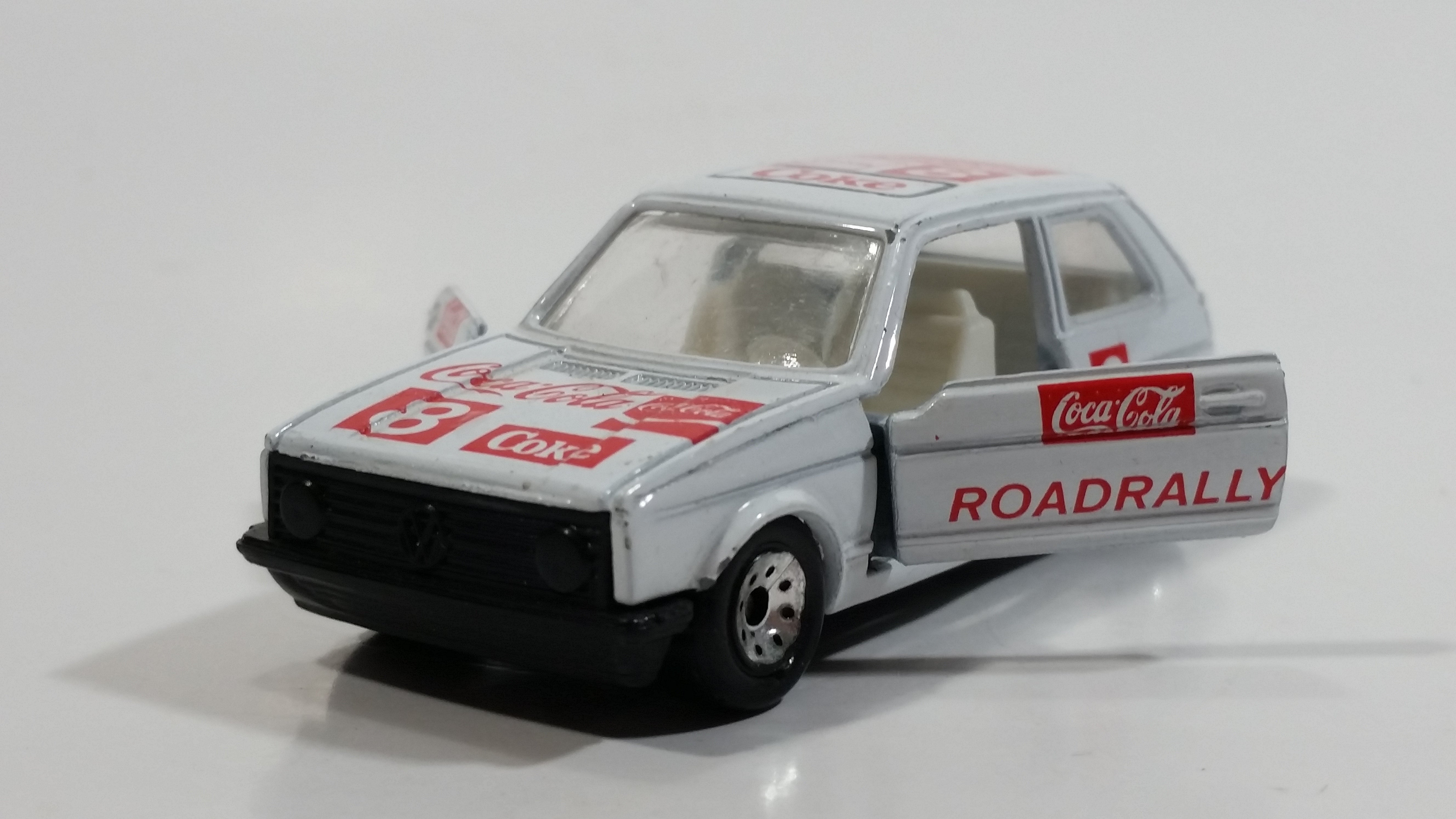1988 Hartoy Coca Cola Coke Soda Pop VW Volkswagen Golf GTI White Red Die Cast Toy Car Vehicle with Opening Doors 18