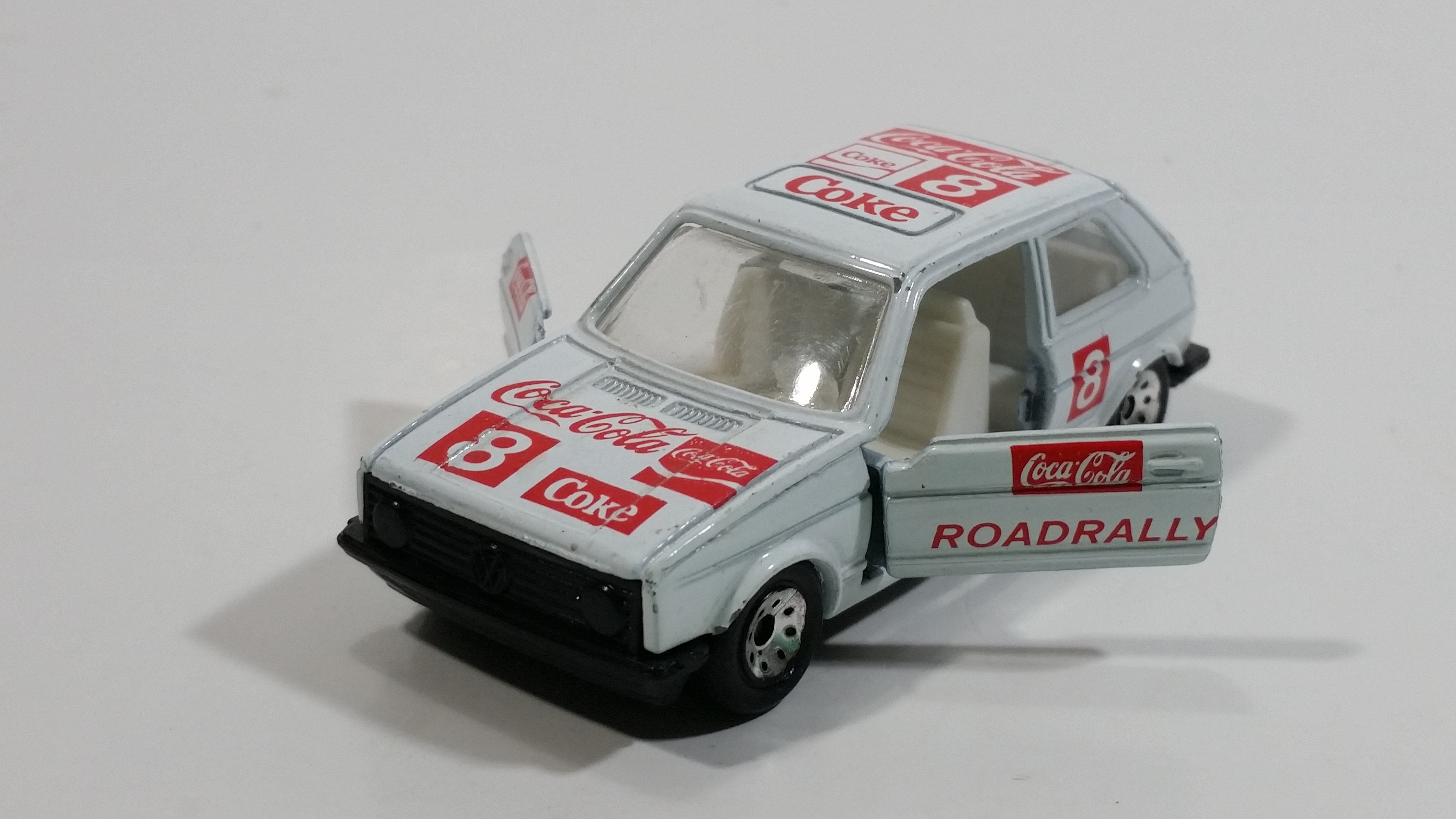 1988 Hartoy Coca Cola Coke Soda Pop VW Volkswagen Golf GTI White Red Die Cast Toy Car Vehicle with Opening Doors 19