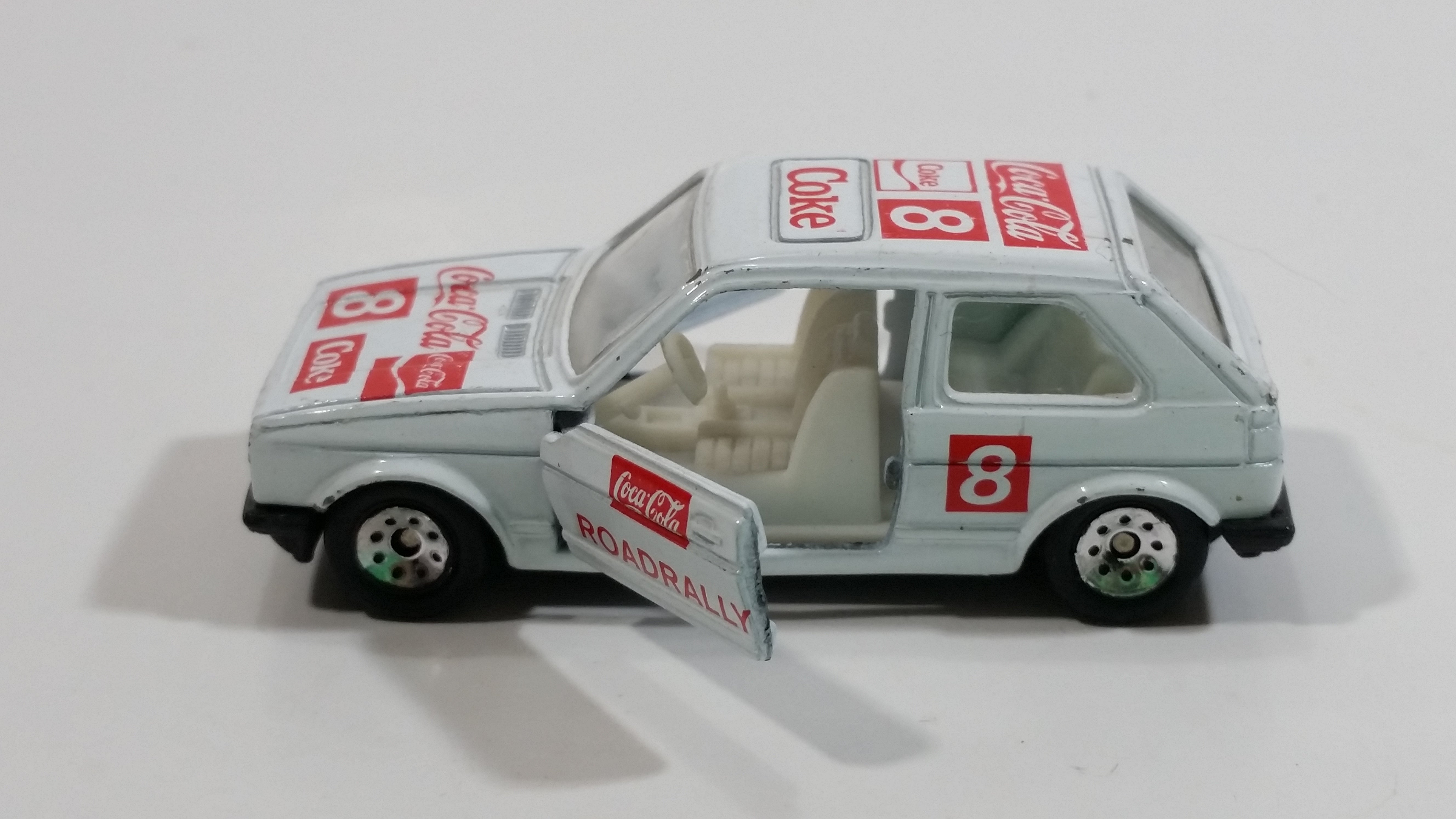 1988 Hartoy Coca Cola Coke Soda Pop VW Volkswagen Golf GTI White Red Die Cast Toy Car Vehicle with Opening Doors 20
