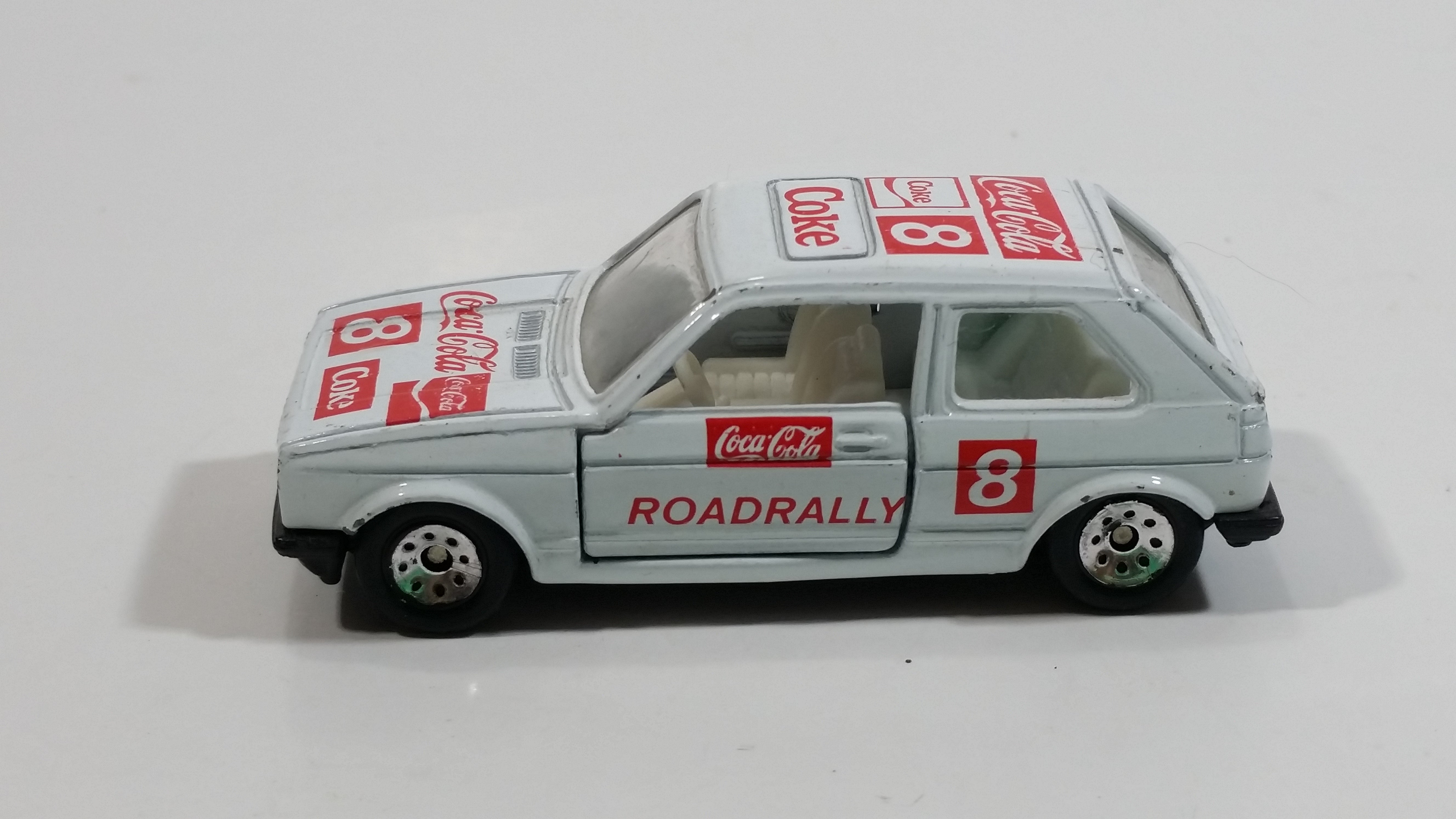 1988 Hartoy Coca Cola Coke Soda Pop VW Volkswagen Golf GTI White Red Die Cast Toy Car Vehicle with Opening Doors 21